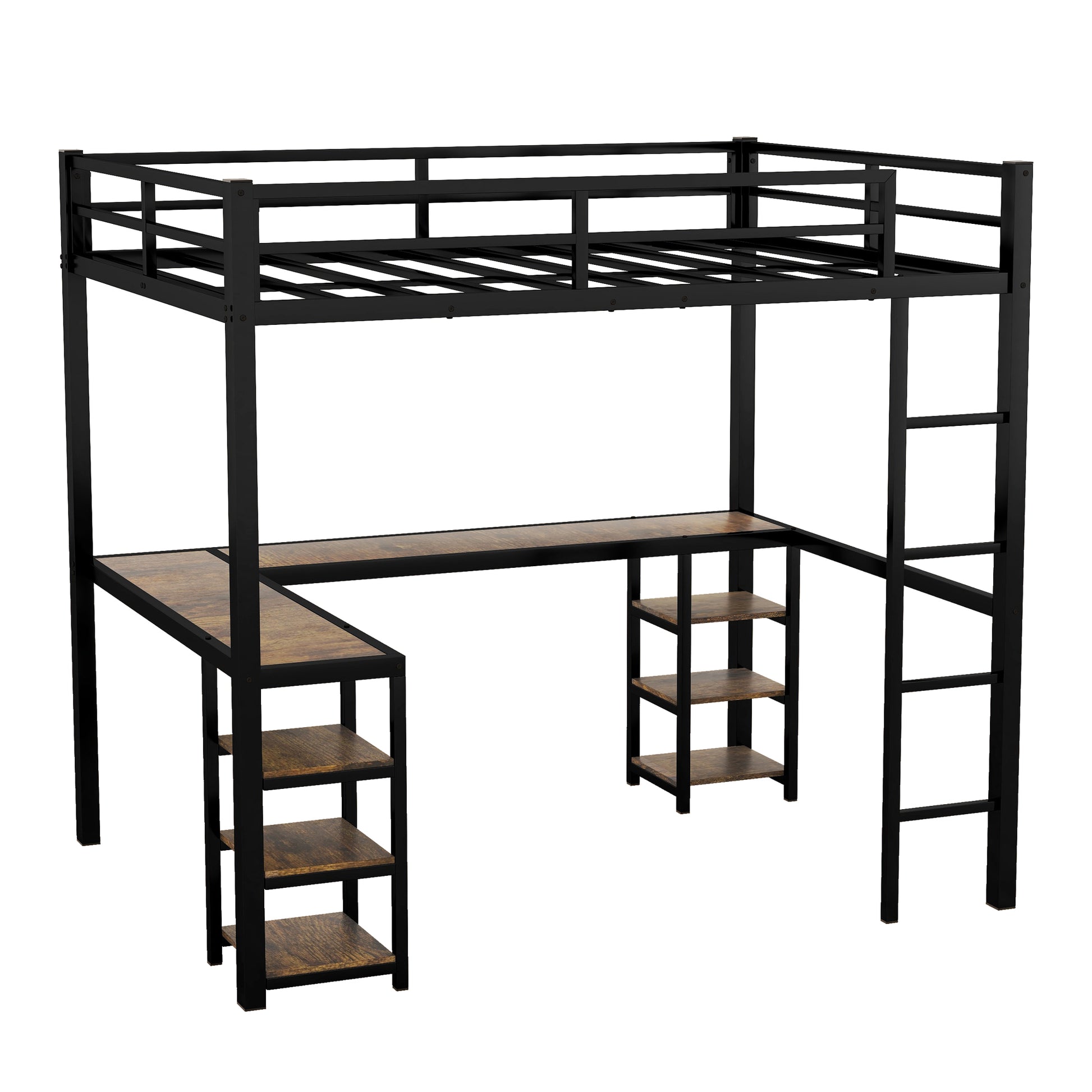 Full Xl Metal Loft Bed With Desk And Shelves, Loft Bed With Ladder And Guardrails, Loft Bed Frame For Bedroom, Black Full Xl Black Metal