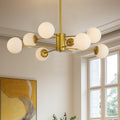 Modern 8 Light Gold Chandelier With White Glass Globe Shades, Mid Century Branching Design, Elegant Ceiling Light Fixture For Dining Room, Living Room, Or Bedroom No Bulbs Golden Glass,Iron