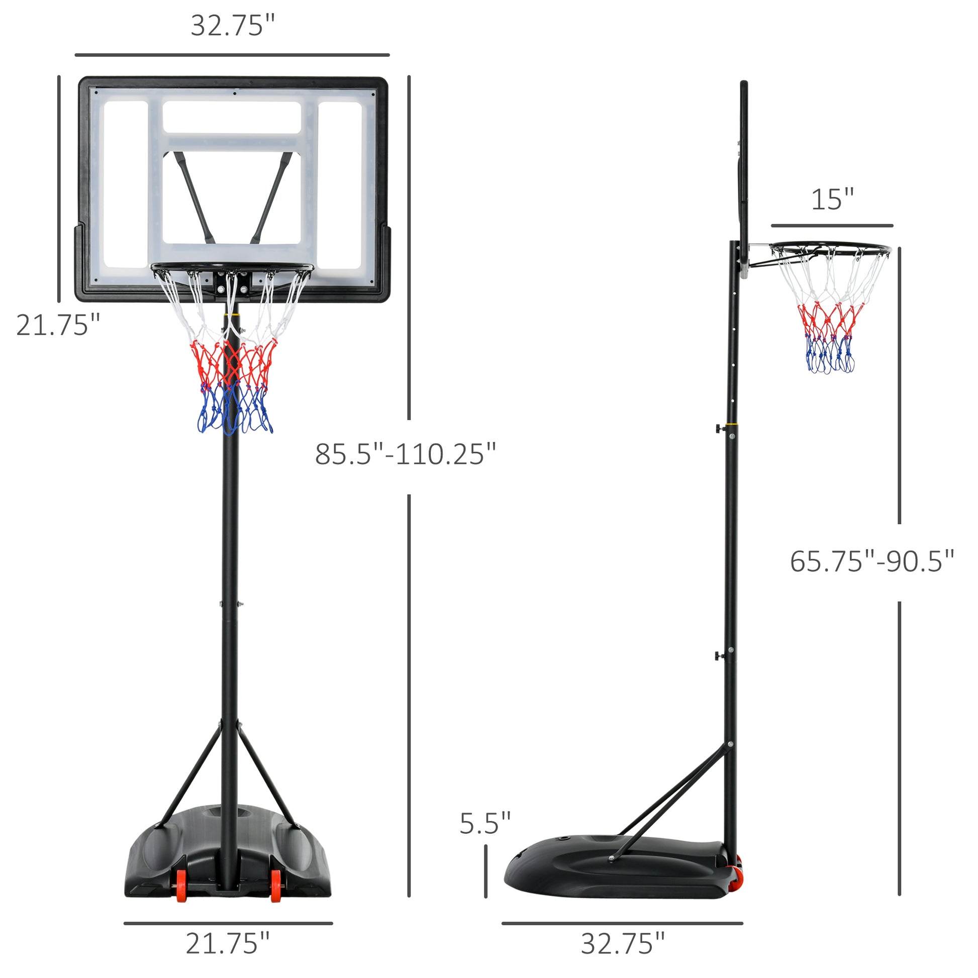 Soozier Basketball Hoop Outdoor, Portable Basketball Goal, 5.5Ft 7.5Ft Height Adjustable With 33'' Backboard And Wheels For Kids Junior Adults Use Black Steel