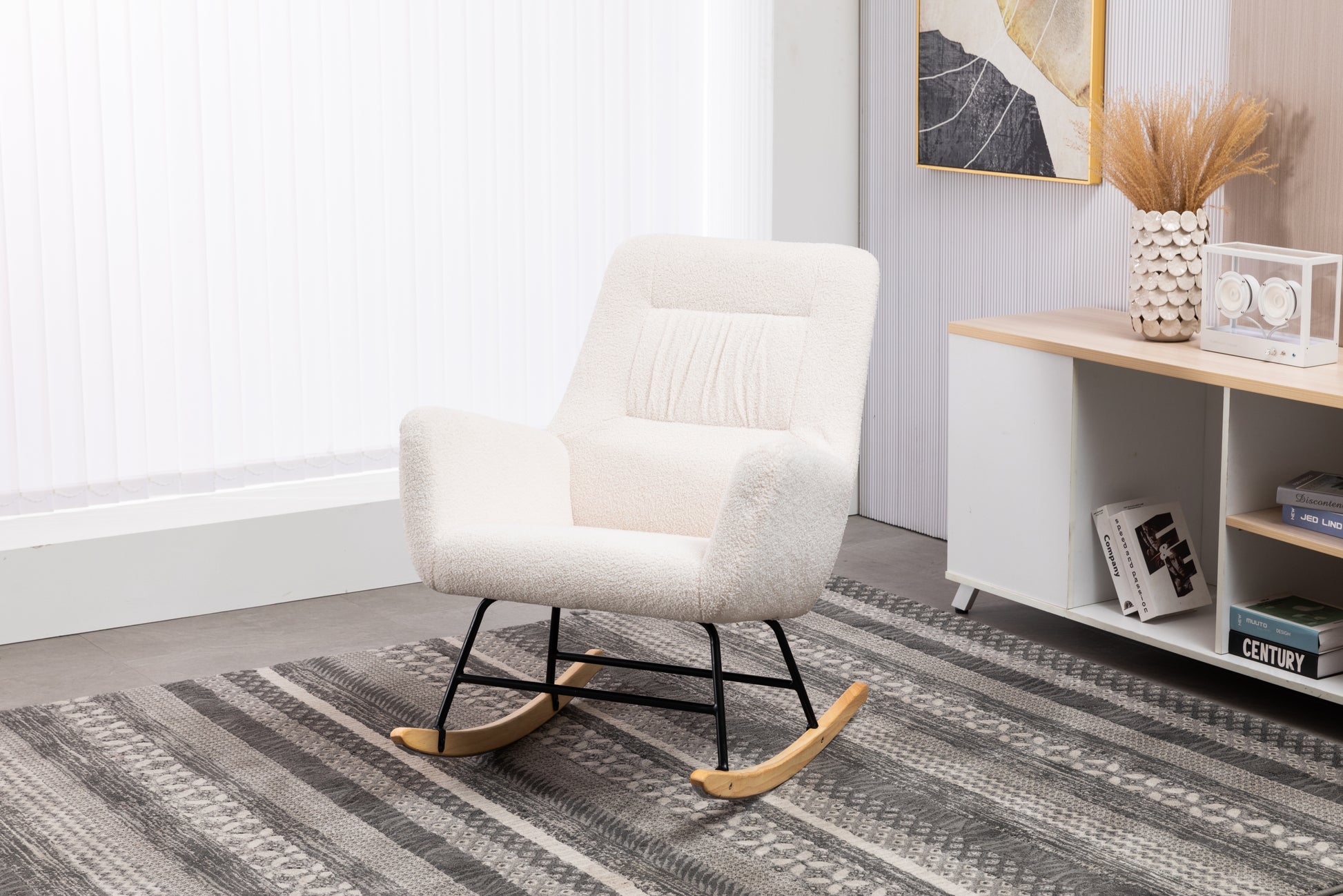 Rocking Chair Nursery, Teddy Upholstered Glider Rocker With High Backrest, Reading Chair Modern Rocking Accent Chairs Glider Recliner For Living Room, Nursery, Bedroom Cream Velvet