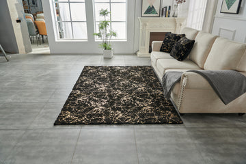 Luxury Machine Washable Black Abstract Gold Gilded Chinchilla Faux Fur Area Rug Black Gold Polyester