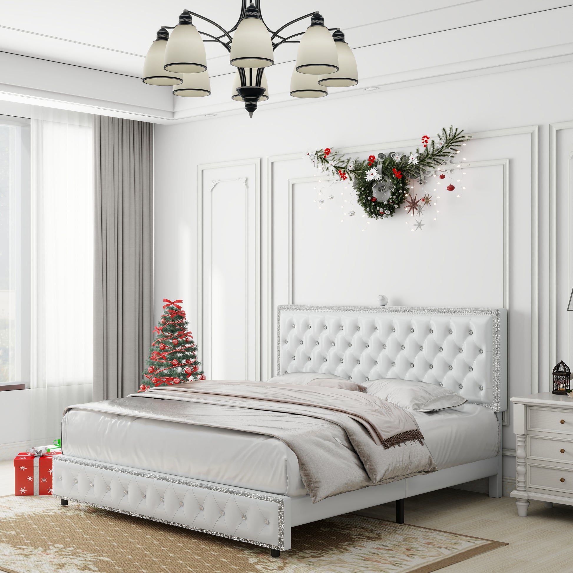 Queen Size Bed Frame With Star Projector Galaxy Light, Adjustable Upholstered Headboard With Diamond Button, Usb Charger, Music Speaker, Pu Leather White Pu Mdf Metal