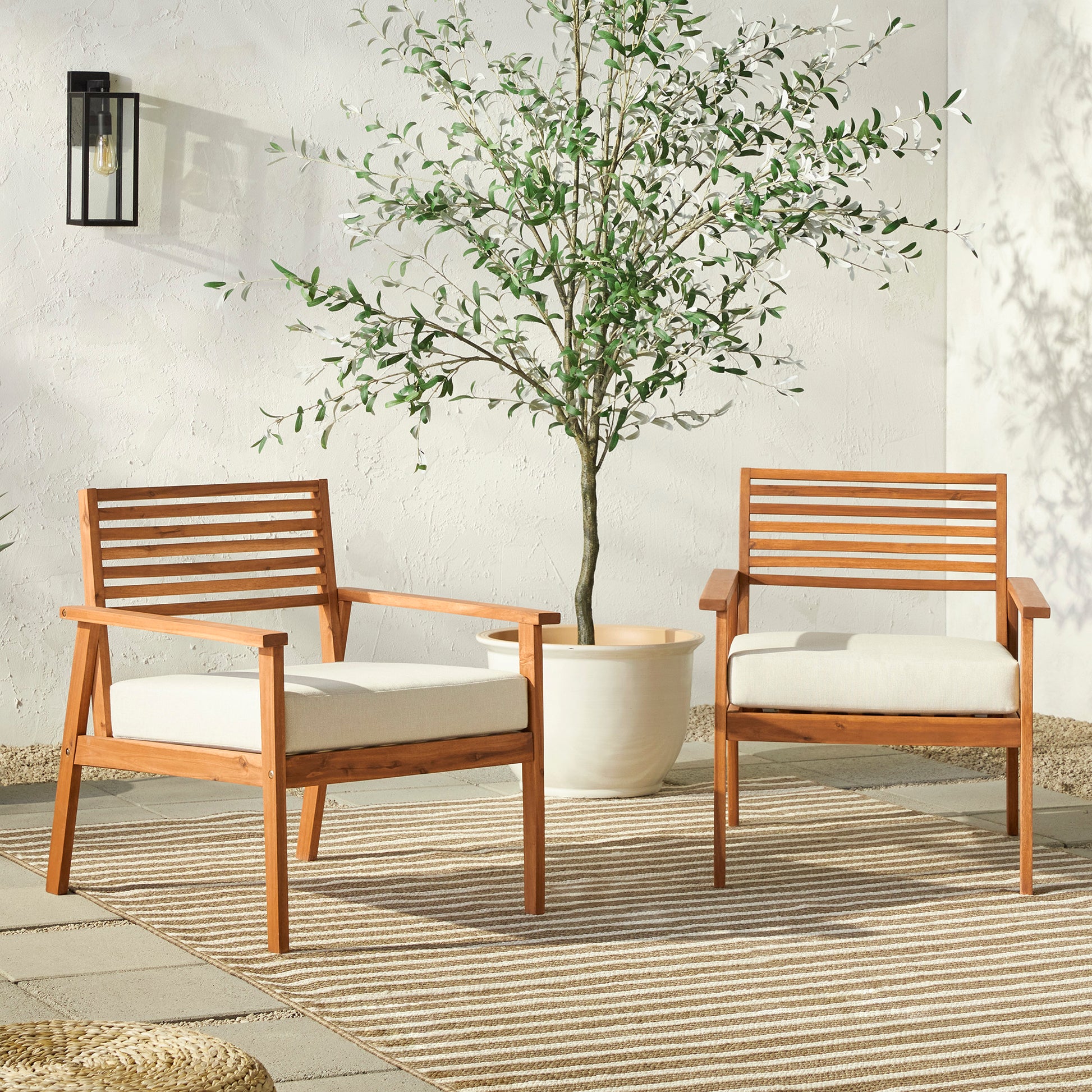 Modern 2 Piece Slat Back Solid Acacia Wood Patio Club Chair Set Brown Brown Wood Acacia Wood