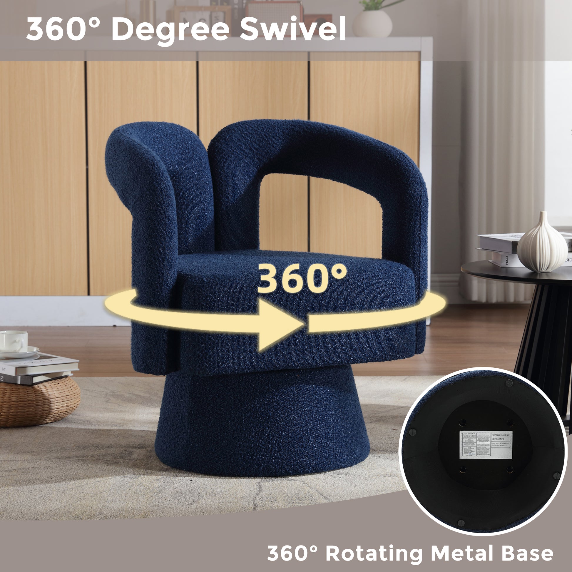 Coolmore 360 Degree Swivel Cuddle Barrel Accent Chairs, Round Armchairs With Wide Upholstered, Fluffy Fabric Chair For Living Room, Bedroom, Office, Waiting Rooms Navy Boucle Navy Foam Boucle