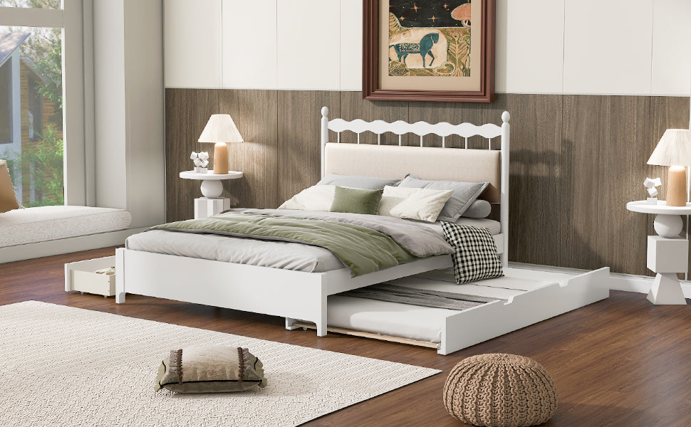 Queen Size Wooden Storage Platform Bed, With 2 Big Drawers, T Size Trundle, White Queen White Plywood