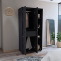 Misuri Wardrobe Armoire With Double Door, Drawer, Hanging Rodss, And Open Shelves Black Black Particle Board