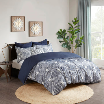 Cotton Jacquard Duvet Cover Set Queen White Navy Cotton