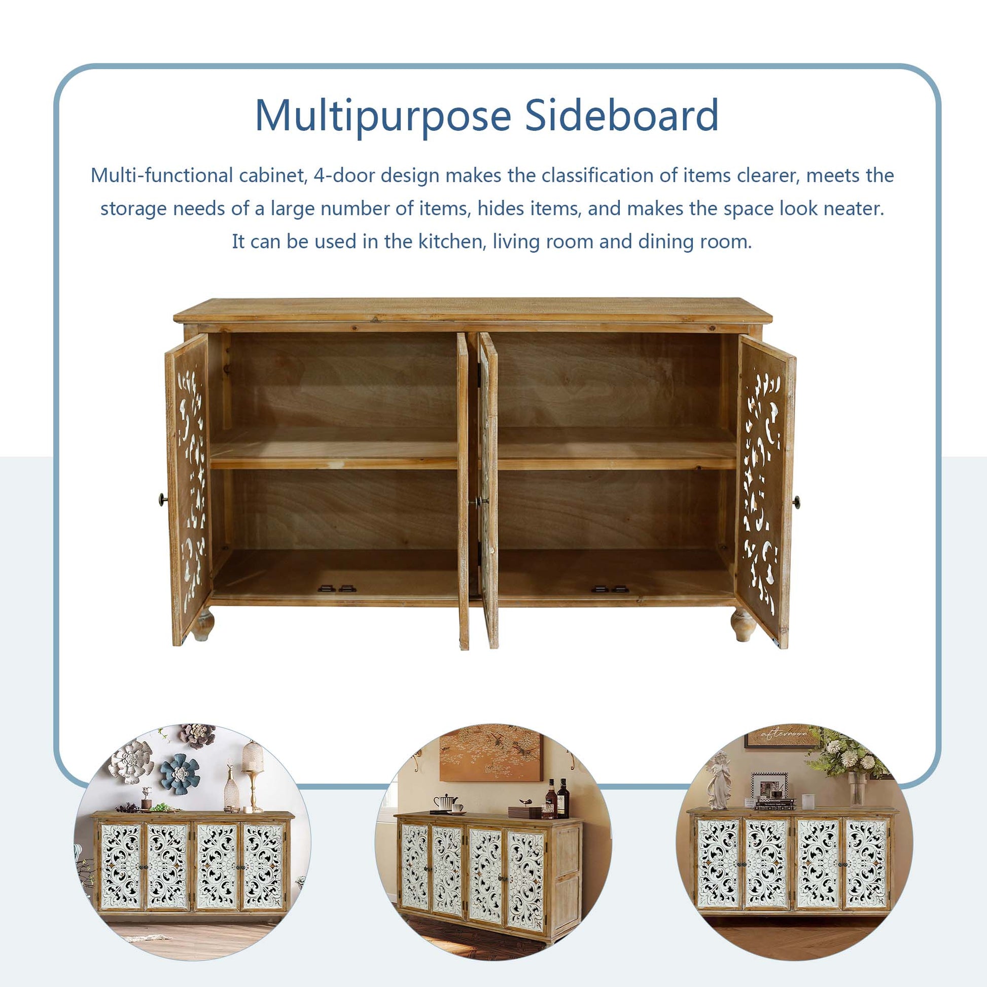 Accent Cabinet With 4 Doors, Farmhouse Sideboard Buffet Cabinet With Storage, Modern Credenza Storage Cabinet With Wood Carved Floral Doors For Living Room, Dining Room, Entryway, Hallway, Kitchen