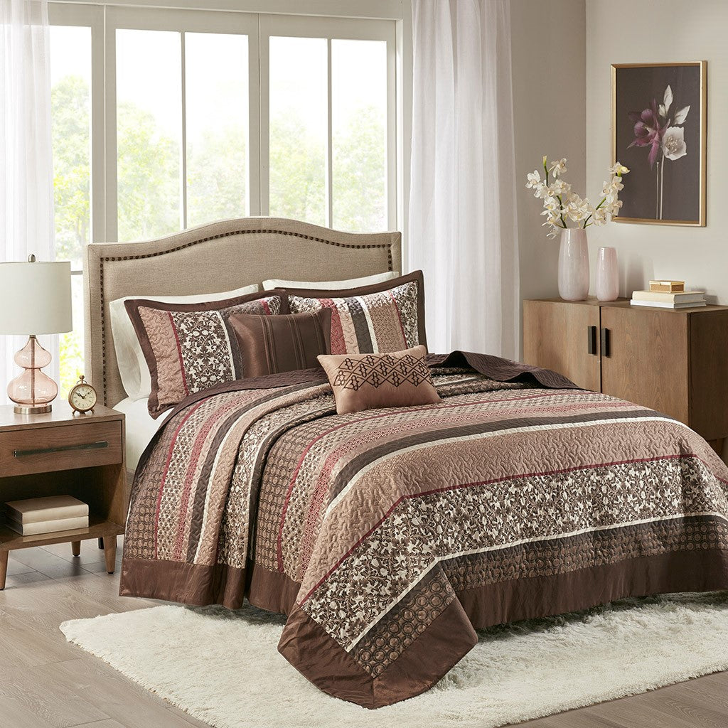 5 Piece Reversible Jacquard Bedspread Set Red King King Red Cotton