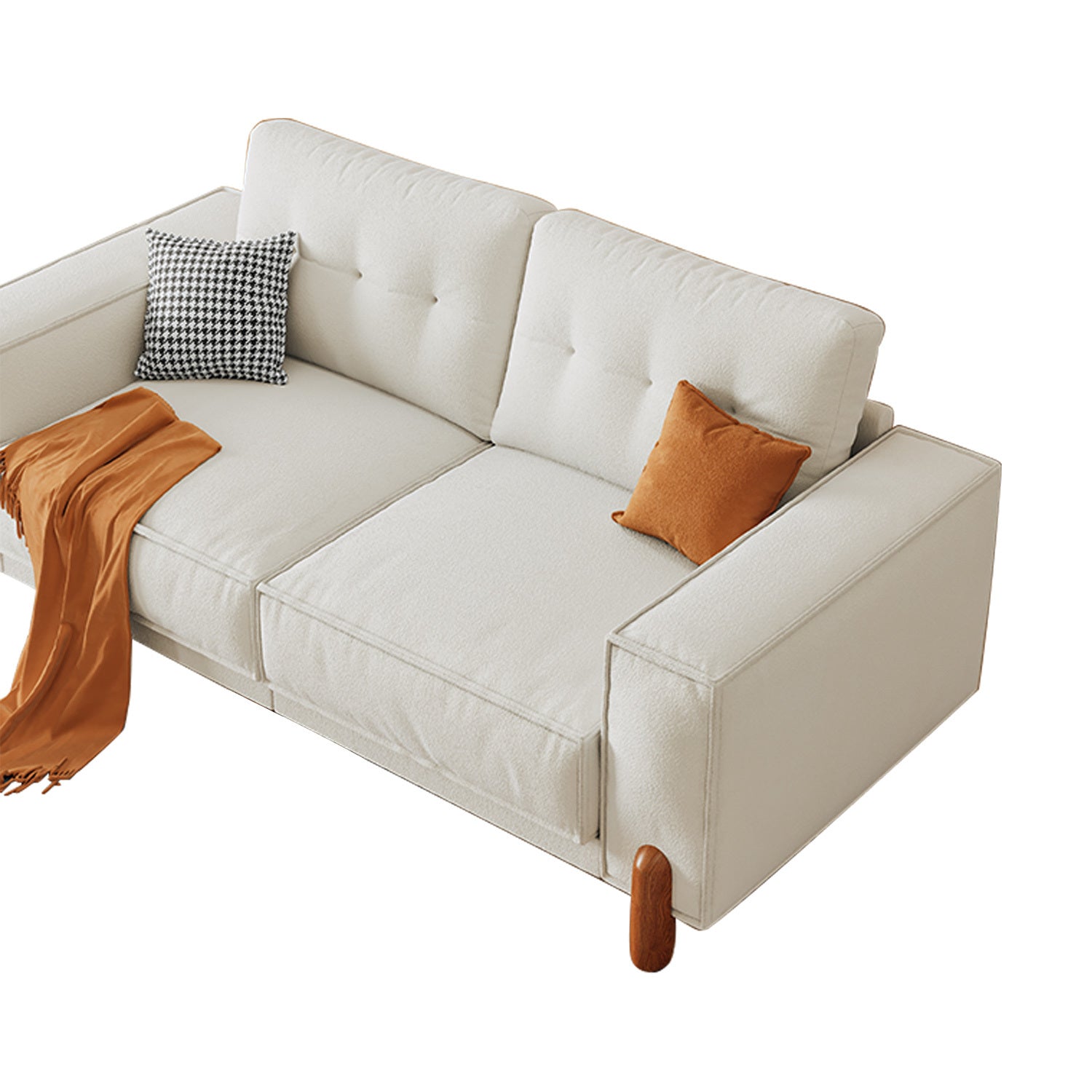 Couches For Living Room, Modern Teddy Fabric Upholstered Sofa Tufted Couch With Square Arm And 4 Solid Wood Legs 2 Pillows Decor For Living Room, Office, Apartment White Chenille