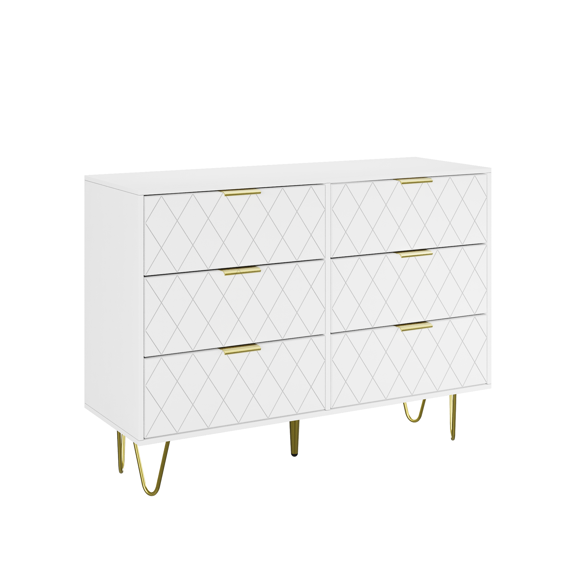 Modern White 6 Drawers For Bedroom, Small Size Wooden Drawers With Gold Handles, Chest Dresser With Deep Drawers For Living Room White Bedroom Mdf