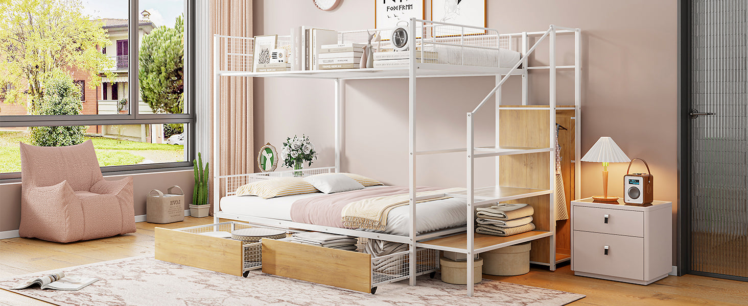 Twin Over Full Metal Bunk Bed With Drawer And Lateral Storage Ladder And Wardrobe, White White Metal