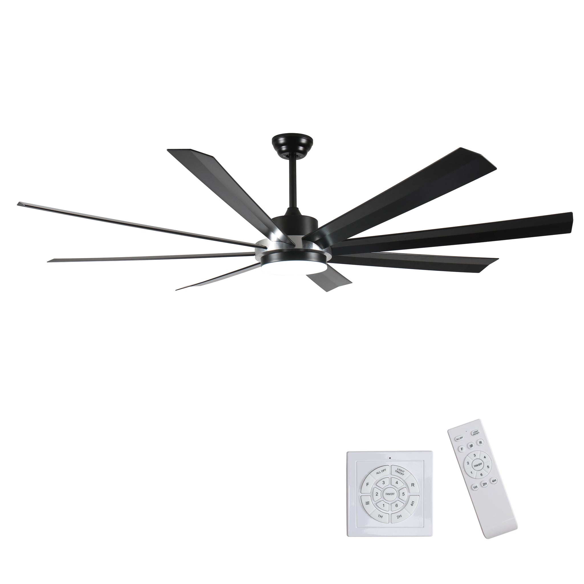 72 Inch Industrial Dc Motor Ceiling Fan With Light, Large Ceiling Fan With 8 Reversible Blades, 3 Downrods, 6 Speed Remote Control, Home Or Commercial Ceiling Fans For Porch Garage Shop, Black Black And Silver Casual,Classic Abs Steel Q235