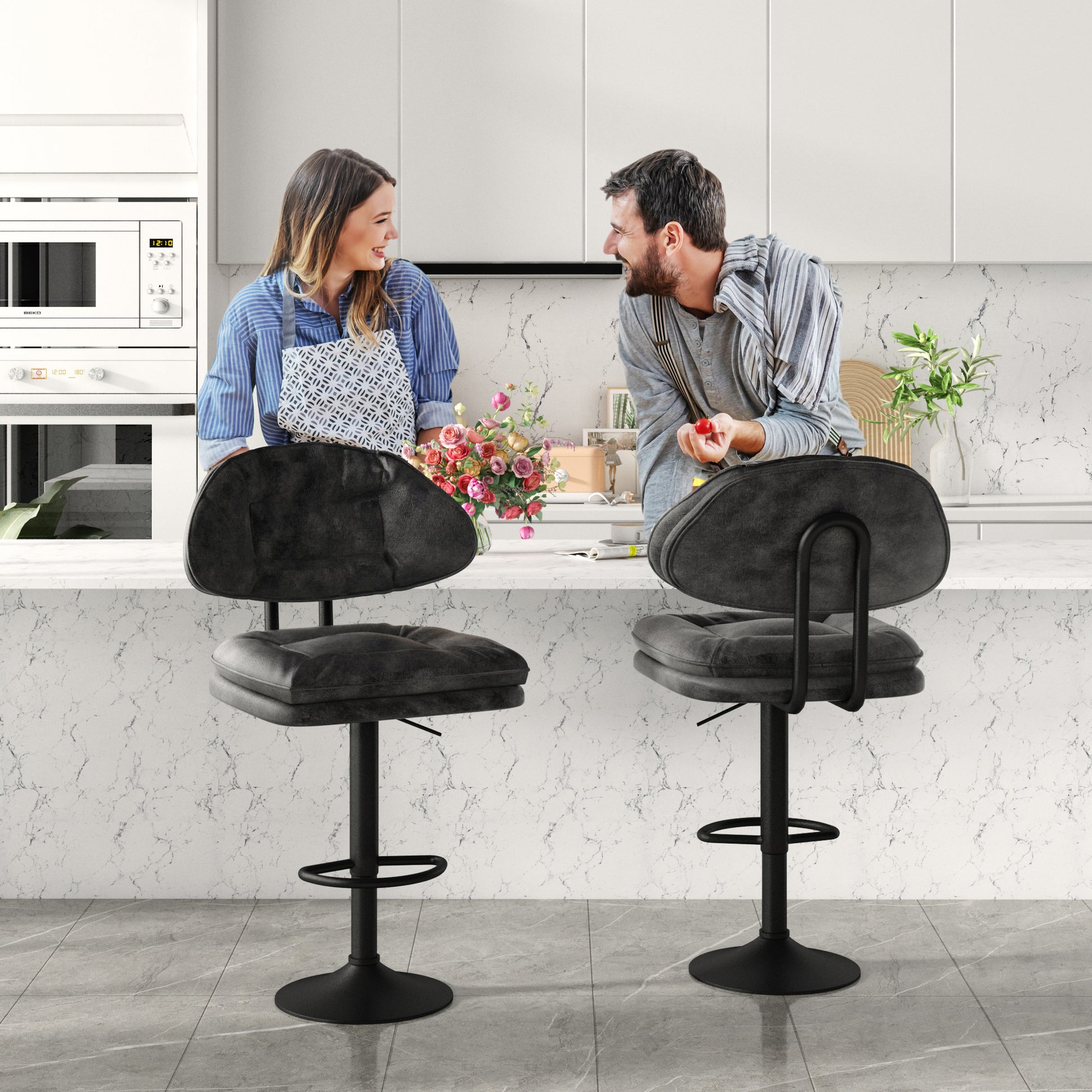 Modern Bar Stools Set Of 2, Ergonomic Upholstered Bar Stools With Back, Adjustable Double Layer Counter Stools, Swivel Barstools For Kitchen Island Dark Gray Metal