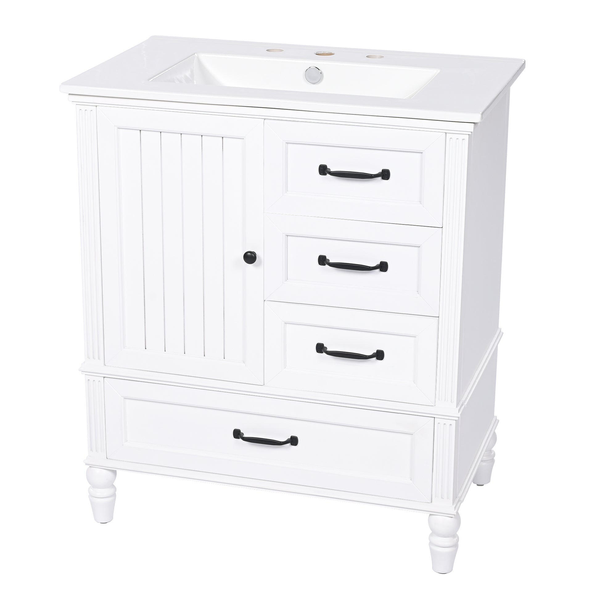 30" Bathroom Vanity With Sink, Bathroom Cabinet With A Door, Three Drawers, Solid Wood Legs & Mdf Board, Adiustable Foot Pads, White White Mdf