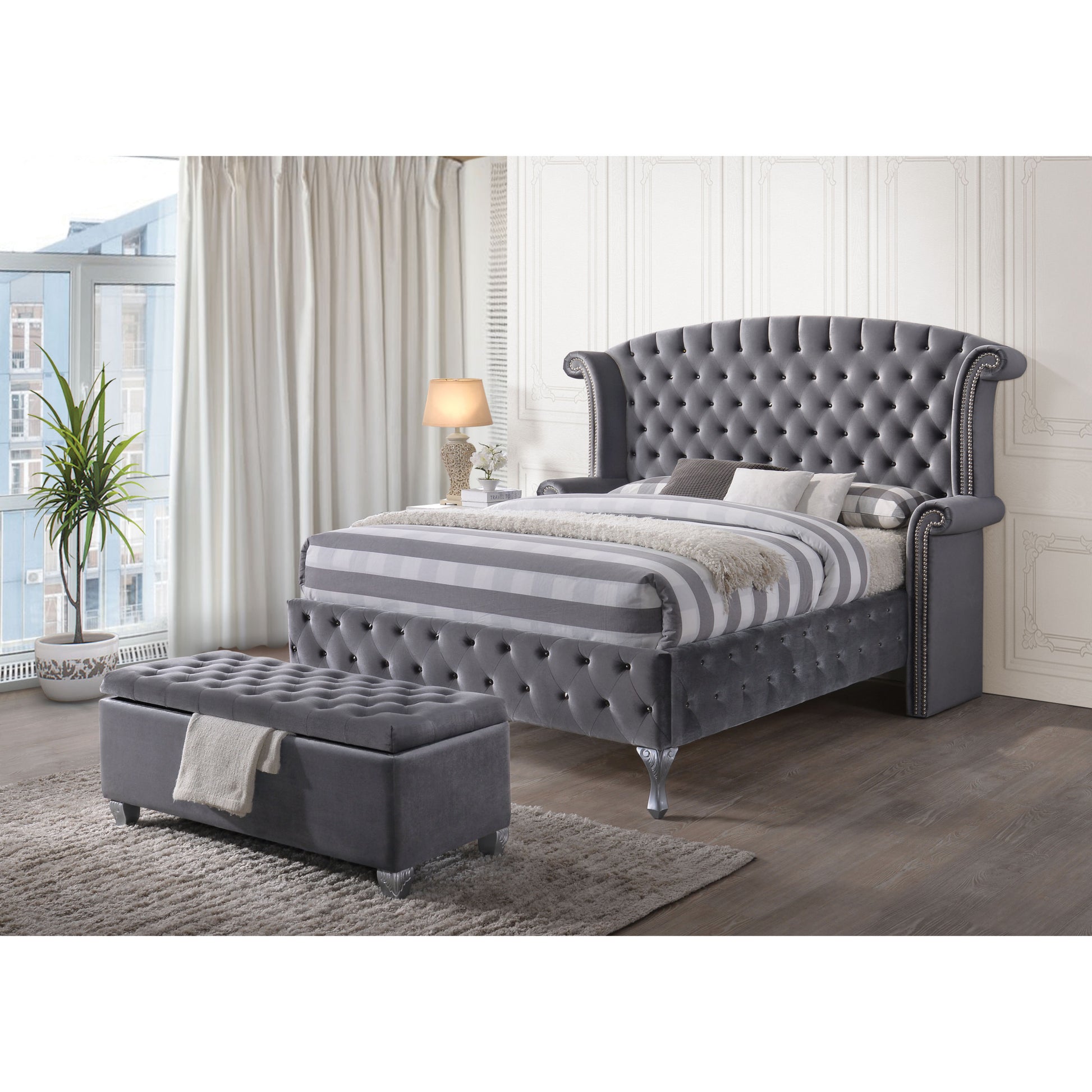 Grey Tufted Storage Bench Grey Velvet Bedroom Grey Luxury Eucalyptus Flip Top Wood Fabric