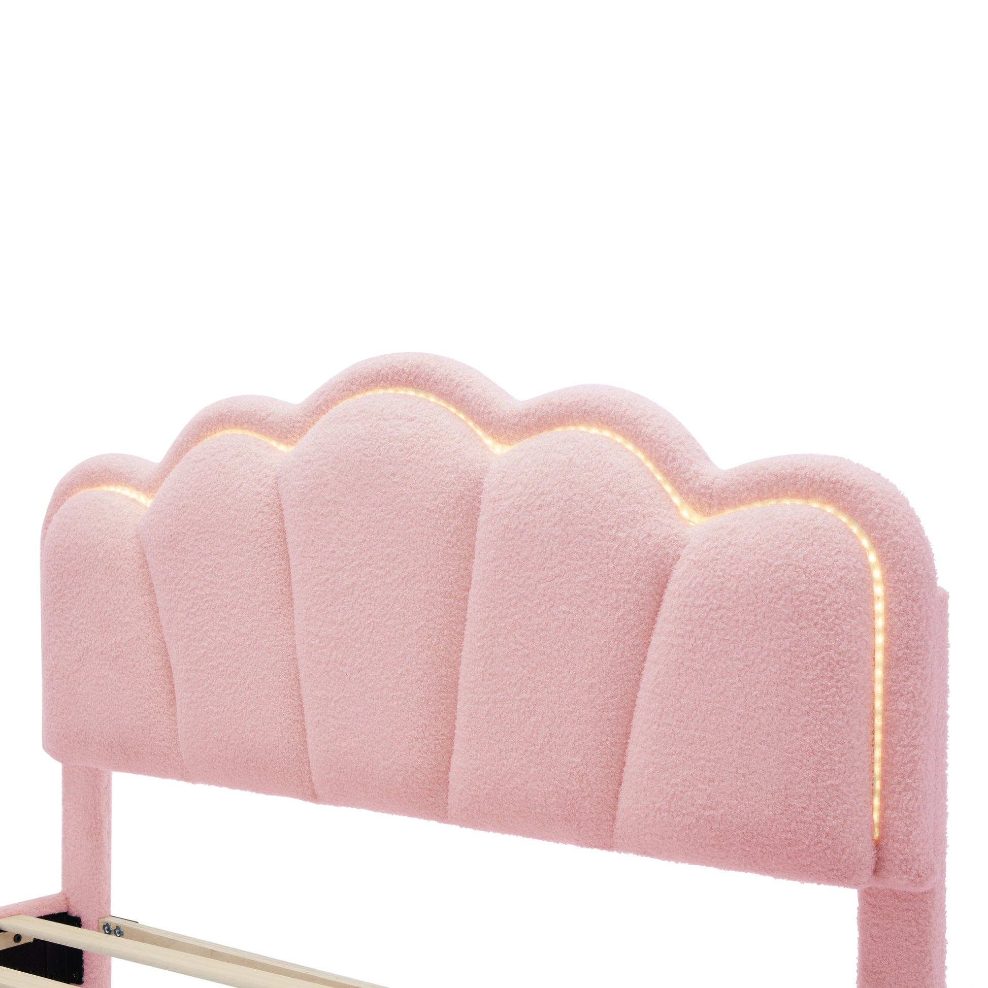 2 Pieces Bedroom Sets Full Size Flower Shaped Upholstered Led Platform Bed With Storage Ottoman Sherpa Fabric, Pink Full Pink 2 Piece Set Wood