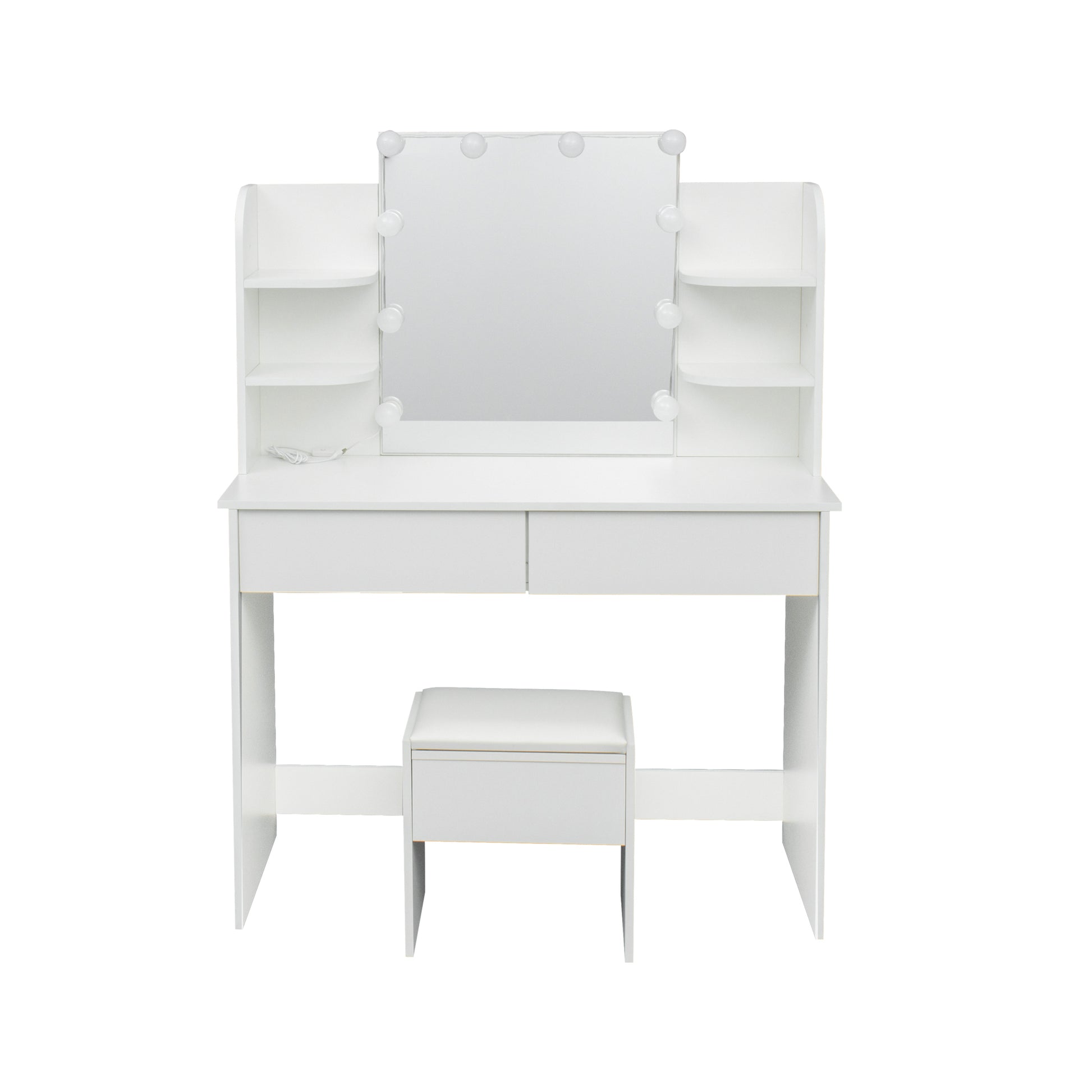 Modern Dressing Table With 2 Drawers, 4 Open Shelves Rectangular Makeup Table With Mirror, 10 Lamp Bulb,42.52*15.75* 52.76Inch,For Bedroom White Particle Board Mdf