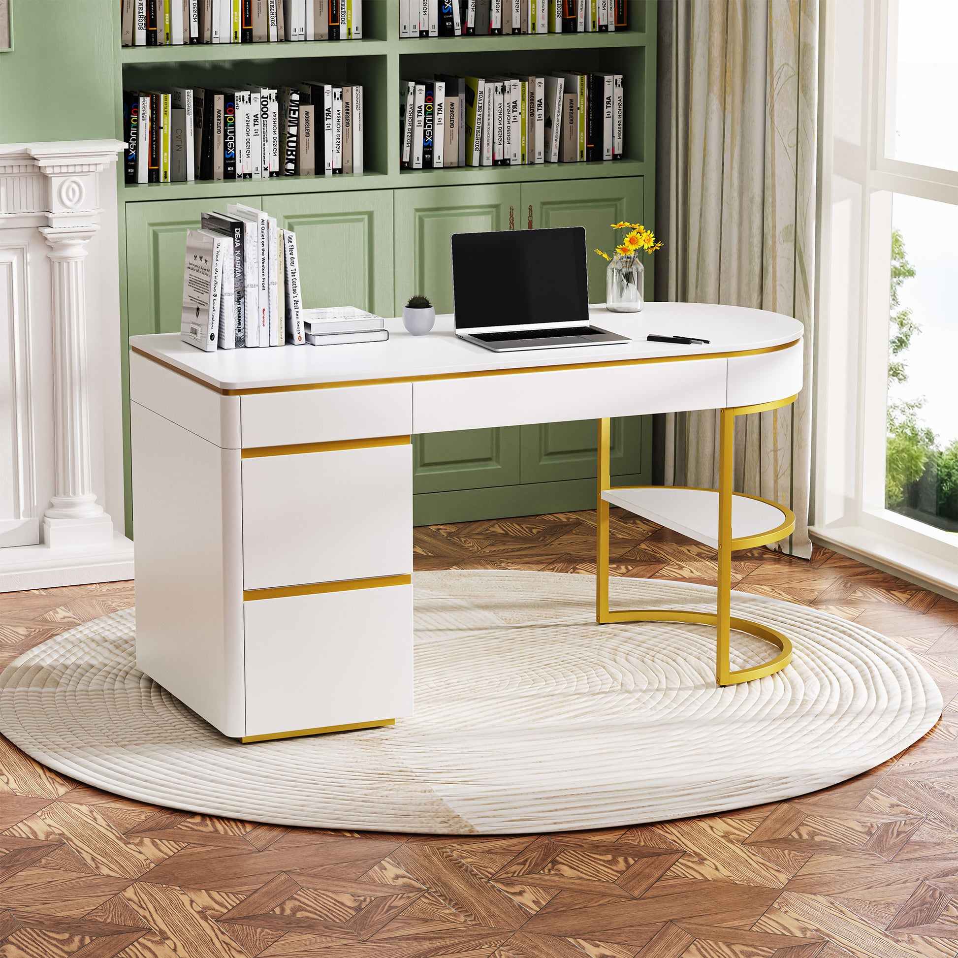 60''Modern Executive Desk,White Curved Computer Desk With Gold Metal Legs,3 Drawers Home Office Desk,Writing Desk With 1 Storage Cabinet For Home Office,Living Room,Gold White Gold White Mdf