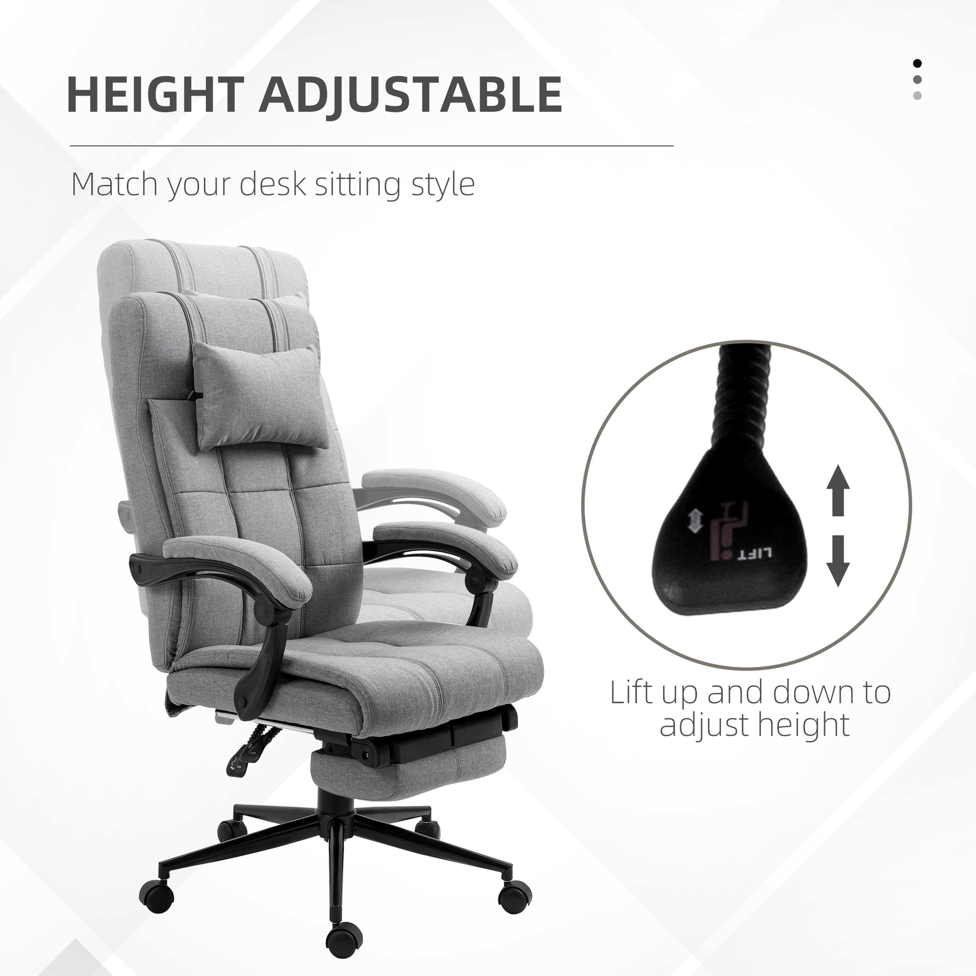 Vinsetto Executive Linen Feel Fabric Office Chair High Back Swivel Task Chair With Adjustable Height Upholstered Retractable Footrest, Headrest And Padded Armrest, Light Grey Grey Polyvinyl Chloride