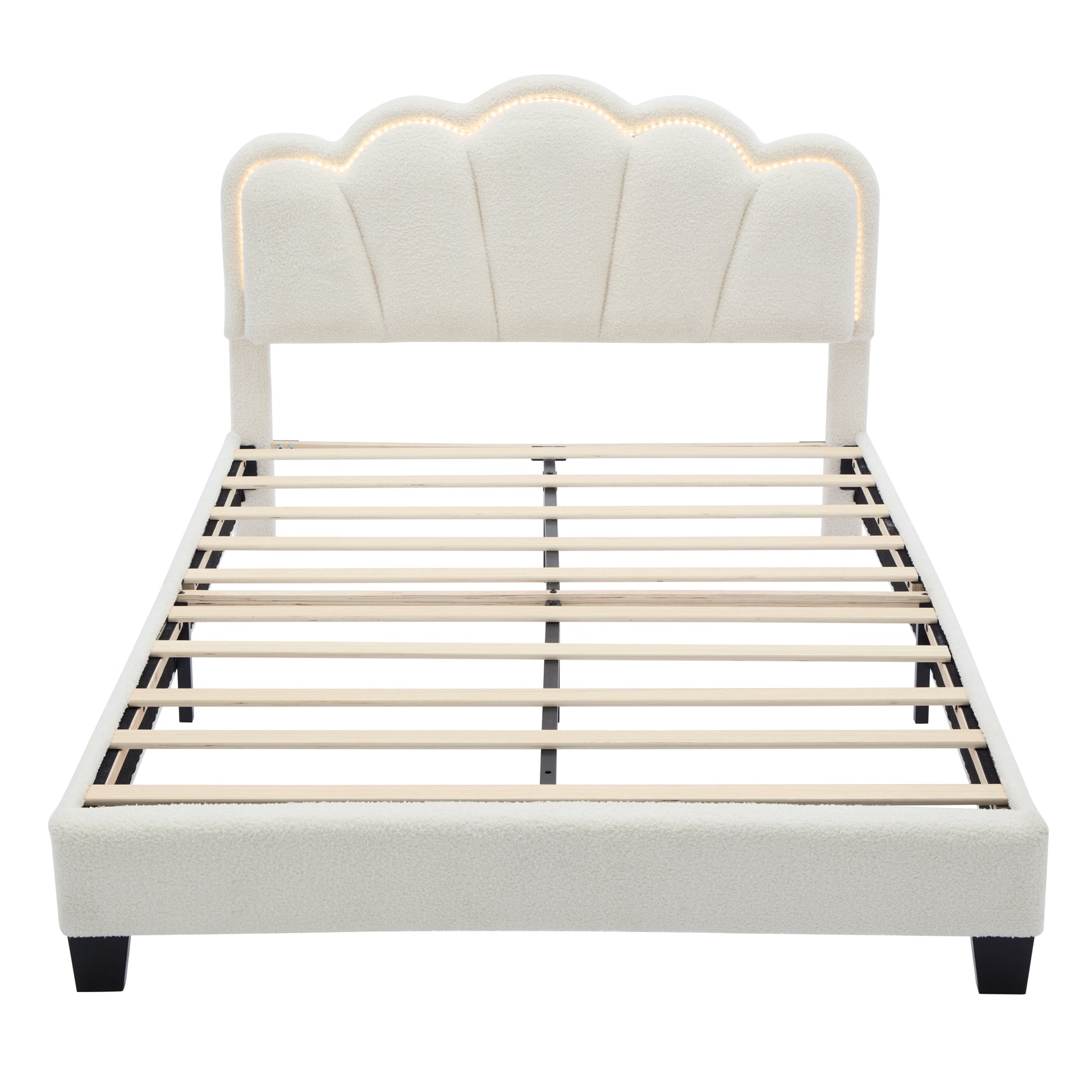 2 Pieces Bedroom Sets Full Size Flower Shaped Upholstered Led Platform Bed With Storage Ottoman Sherpa Fabric, White Full White 2 Piece Set Wood