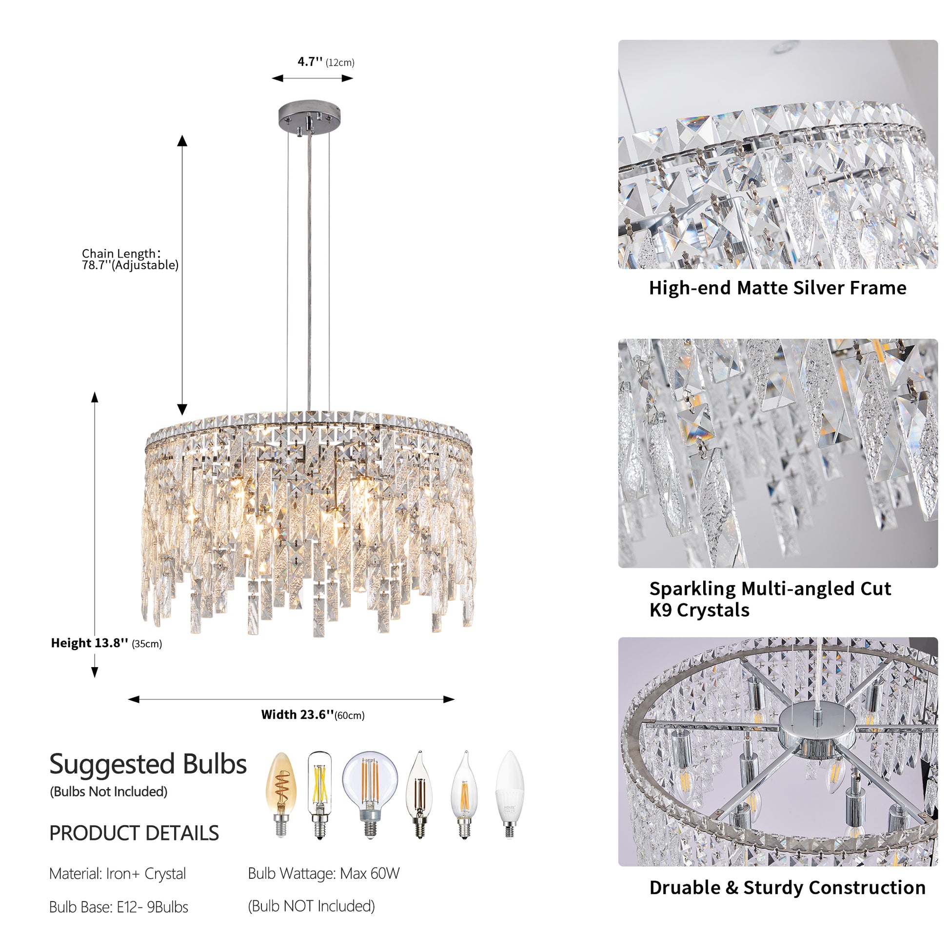 Luxurious Round Silver Crystal Chandelier, Contemporary Rectangular Pendant Light For Dining Room, Living Room, And Grand Foyers Bulbs Not Included Silver Clear Crystal Iron