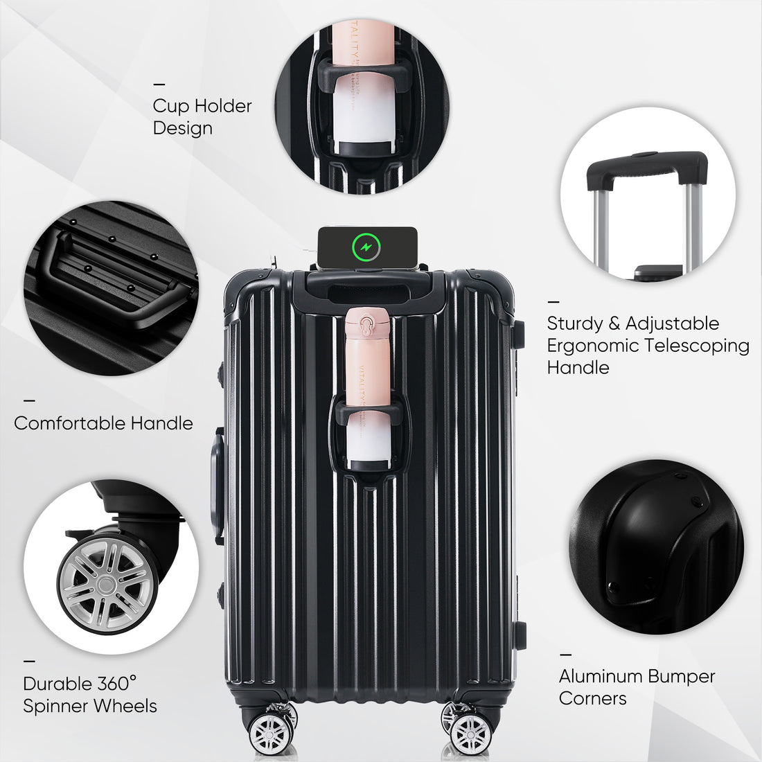 1Pc 20In Aluminum Frame Luggage With Usb Port, Vacation Carry On Suitcase With Spinner Wheels And Tsa Lock, Travel Trolley Case For Short Business Trips, Beach Holidays, Black Black Abs Pc