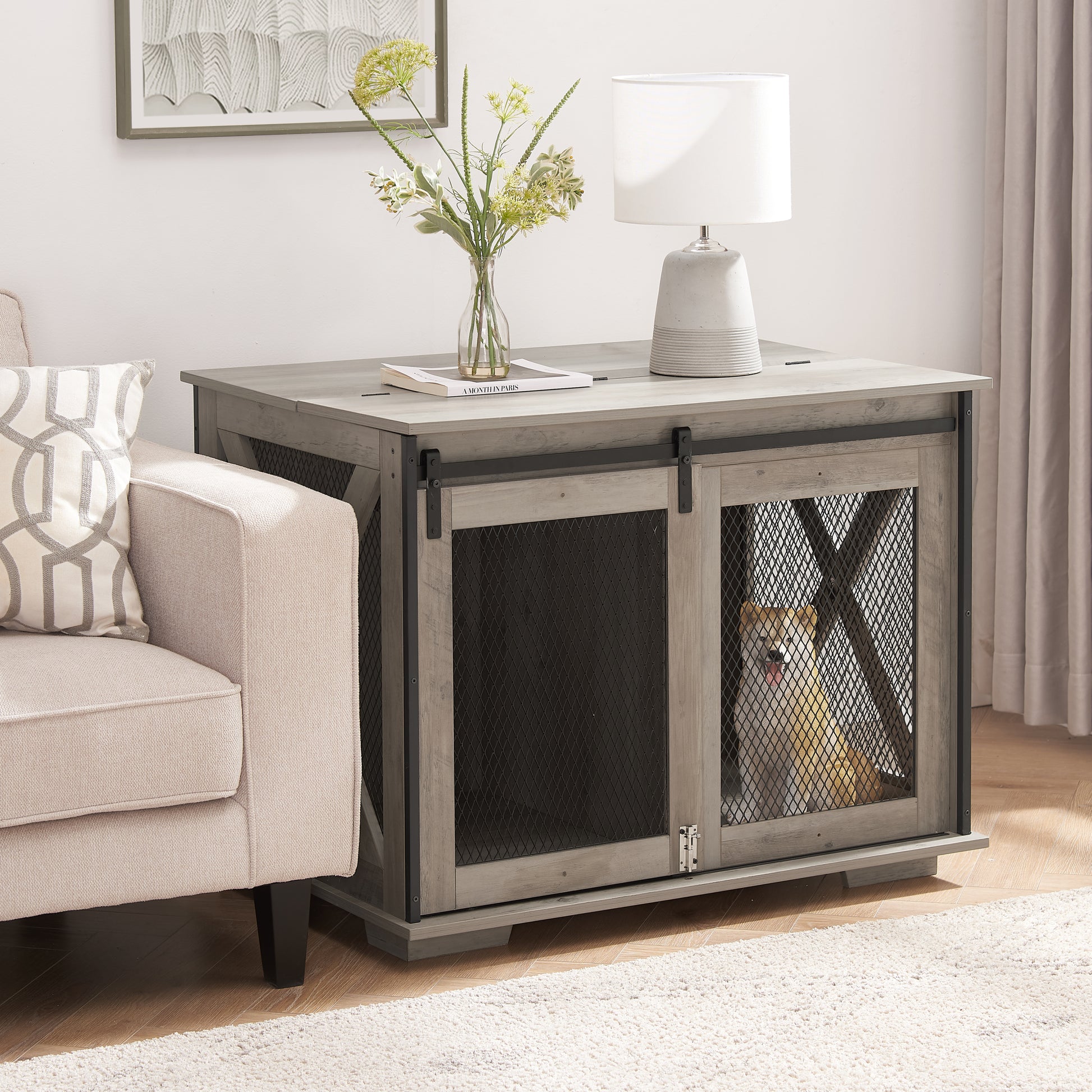 Farmhouse Dog Cage Crate Furniture With Sliding Barn Door, Farmhouse Wooden Dog Kennel End Table With Flip Top Plate Dog House With Detachable Divider For Small Medium Large Dog Gray Gray Wash Mdf