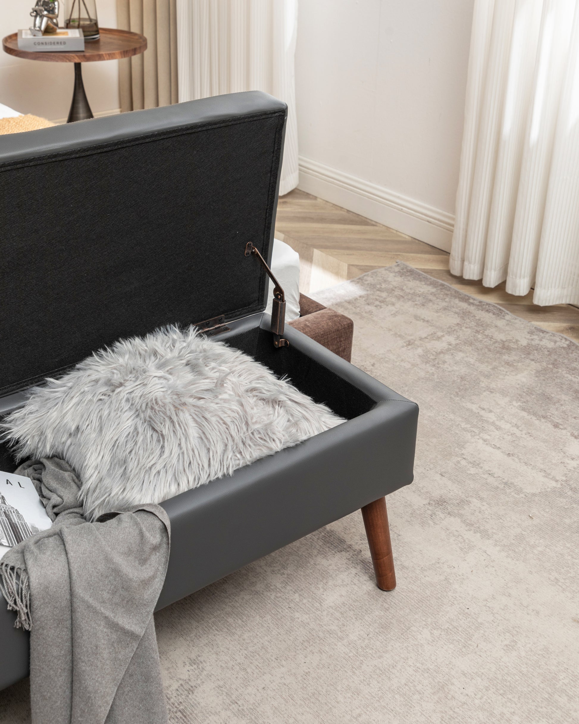 Storage Bench With Storage Bench For Bedroom End Of Bed Bench Foot Of Bed Bench Entryway Bench Storage Ottoman Bench 43.3" W X 17.7" Dark Grey Leather Bench Dark Grey Pu Leather