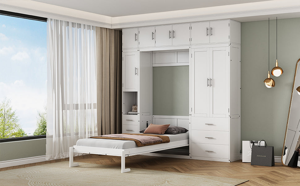 Twin Size Murphy Bed With Lockers And Wardrobes, With Installation Video, White Box Spring Not Required Twin White Murphy Solid Wood Mdf
