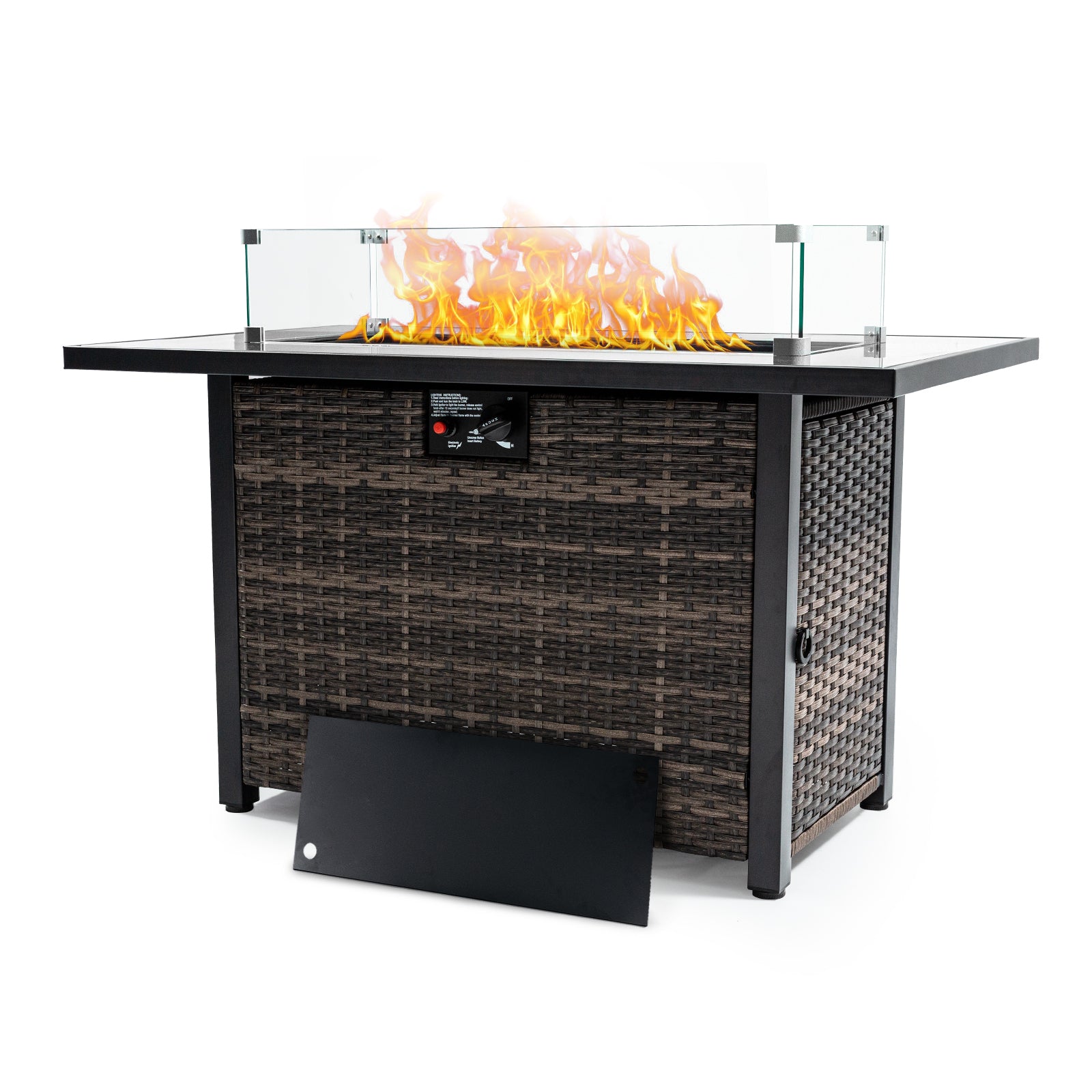Outdoor Fire Pit 50,000 Btu Propane Gas Fire Table With Lid Fireplace With Glass Wind Guard Wicker Base For Garden, Patio, Backyard, 44" Black Brown Garden & Outdoor Modern Pe Rattan Iron,Rattan