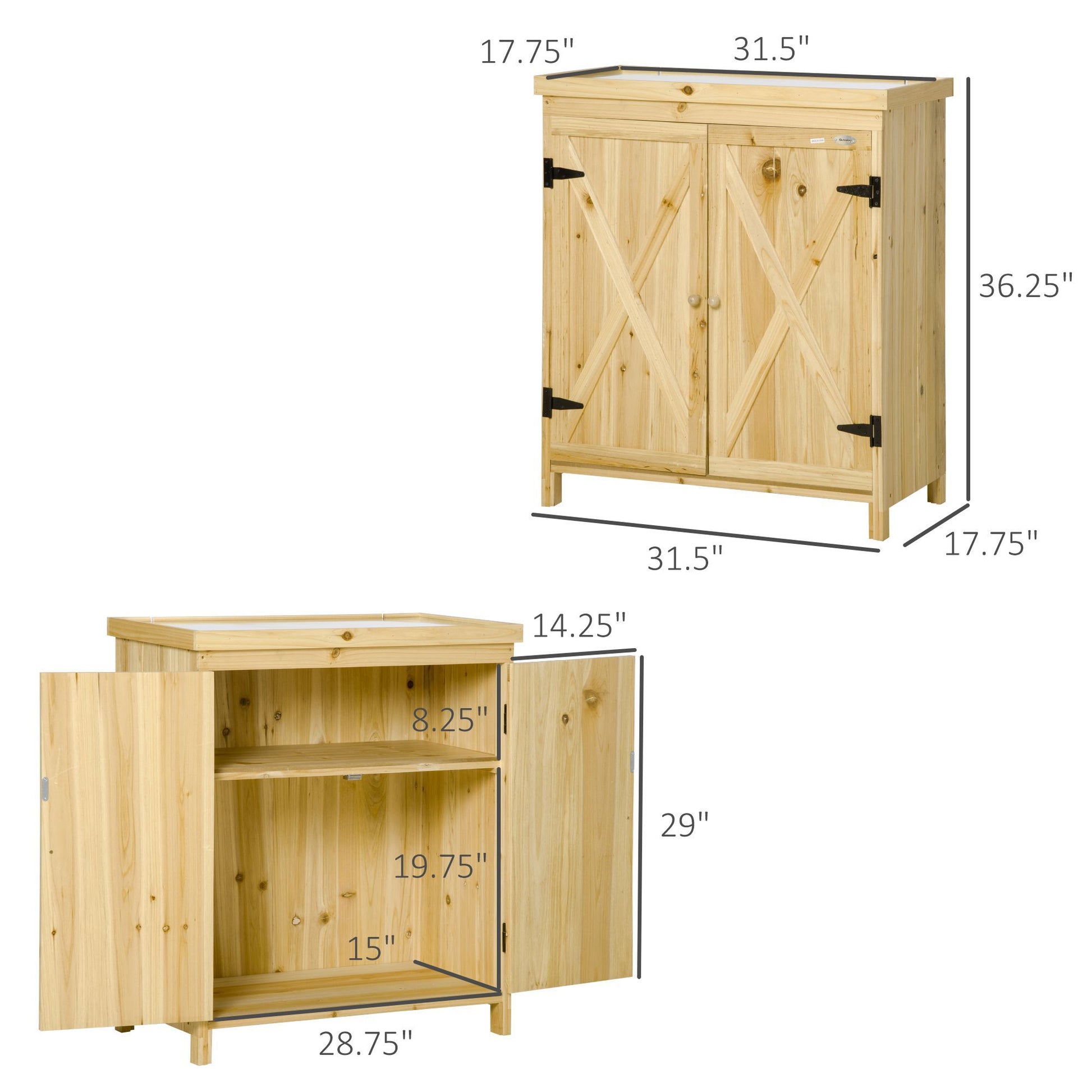 Outsunny Garden Storage Cabinet, Outdoor Tool Shed With Galvanized Top And Two Shelves For Yard Tools Or Pool Accessories, Natural Natural Wood Wood