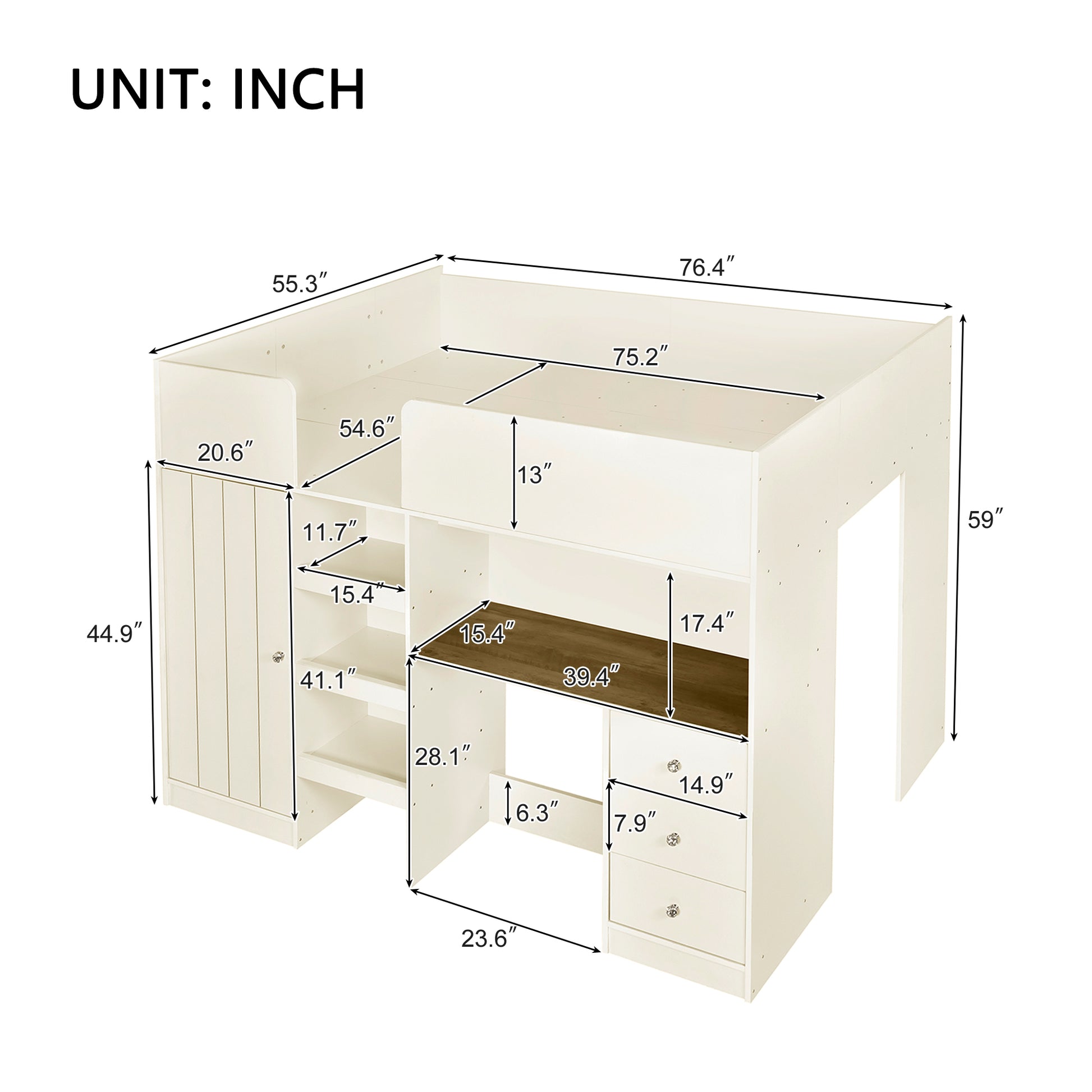 Wood Full Size Loft Bed With Built In Wardrobe, Desk, Storage Shelves And Drawers, Beige Box Spring Not Required Full Beige Wood Bedroom Bed Frame Solid Wood Mdf