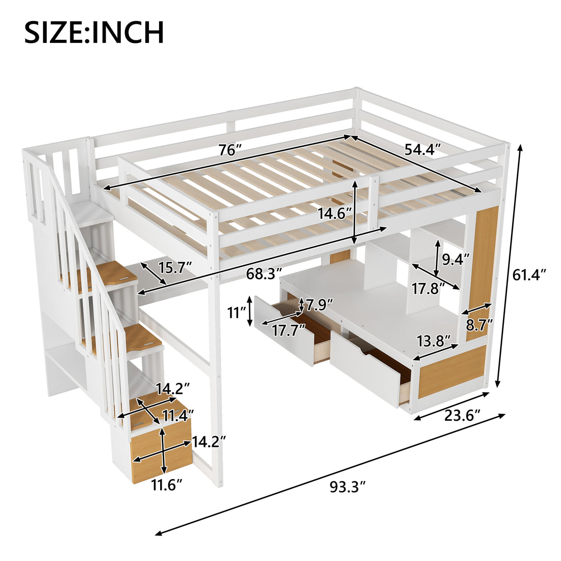 Full Size Loft Bed With Desk And Shelves, Two Built In Drawers, Storage Staircase, White And Natural Full Natural White Plywood,Solid Wood Mdf