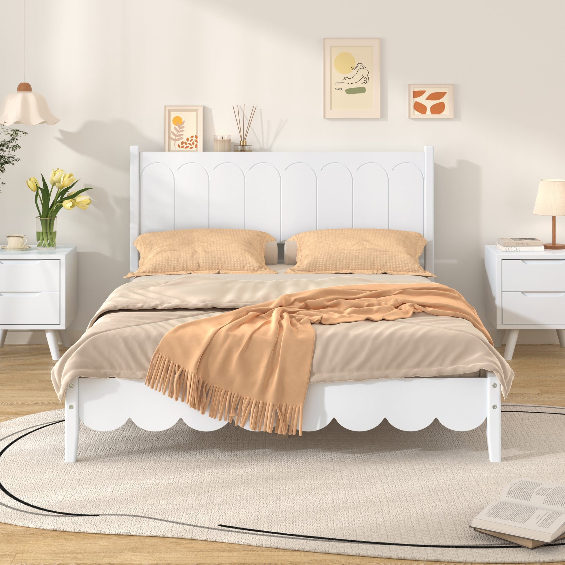 Full Size Wood Platform Bed Frame, Retro Style Bed With Rectangular Headboard,No Need Box Spring,White Full White Wood