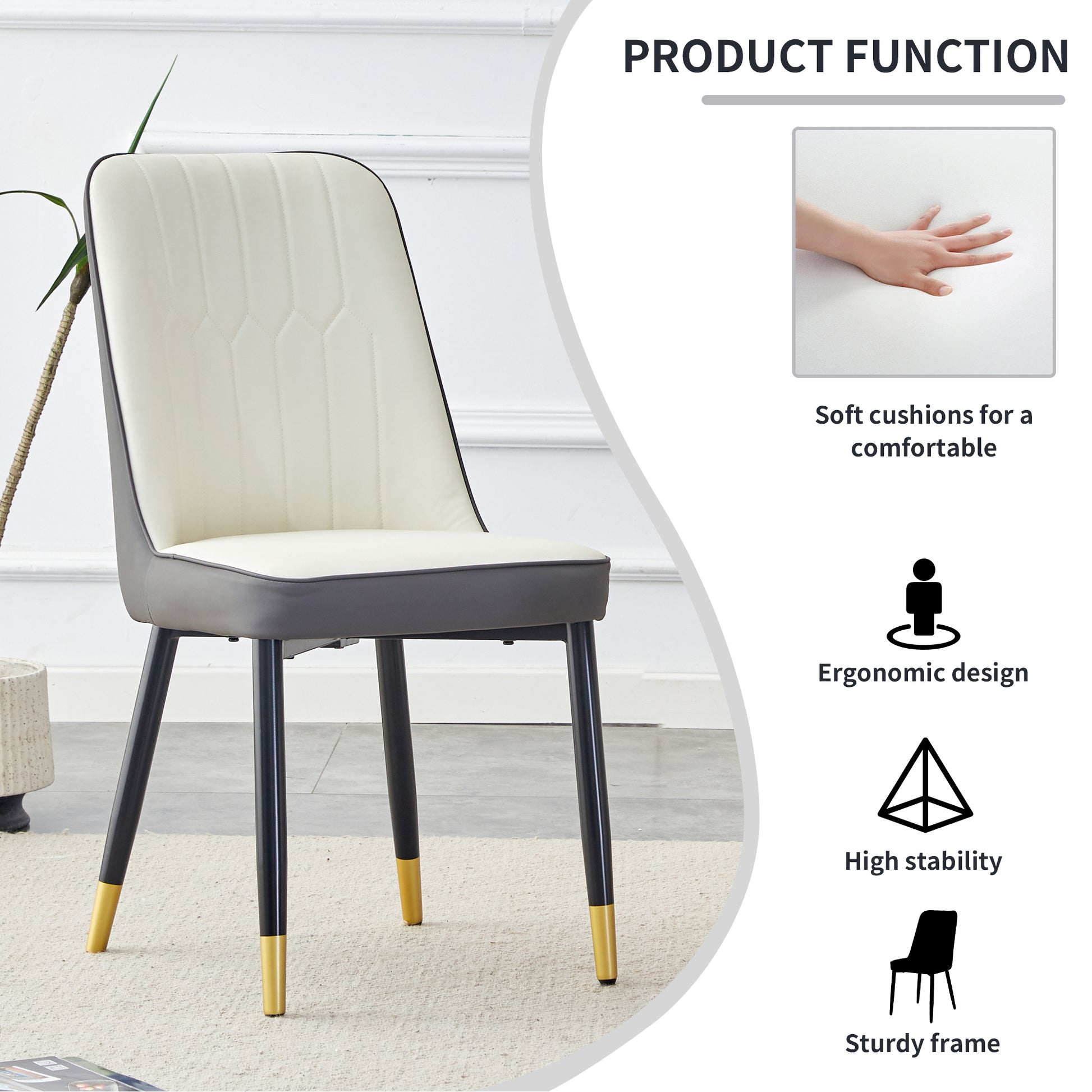 Table And Chair Set.The Table Has A Glass Top With Imitation Marble Pattern Stickers And Stainless Steel Golden Legs. Paried With Chairs With Pu Artificial Leather Backrest Cushions And Black Legs. White Gold Seats 6 Glass Metal