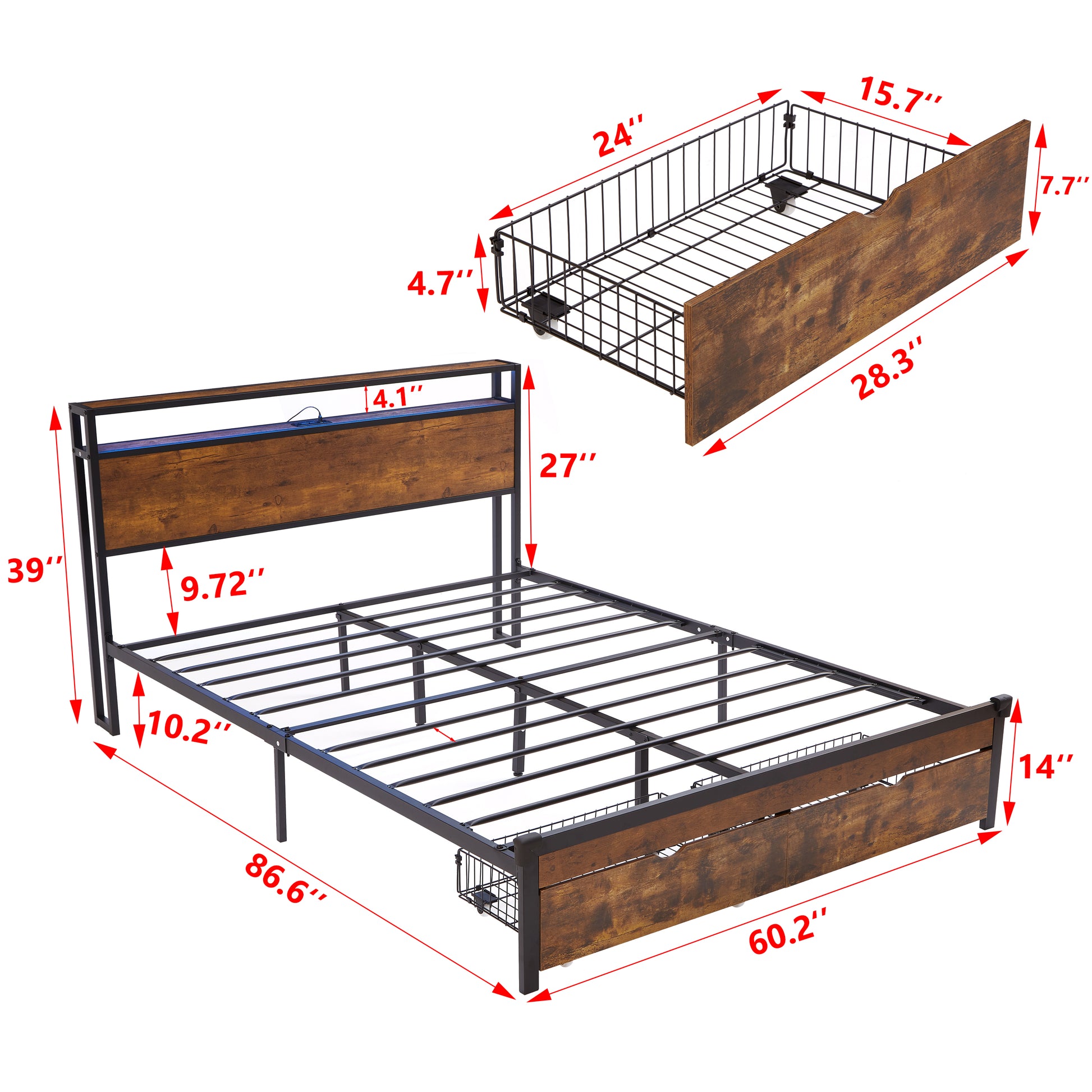 Queen Size Metal Platform Bed Frame With Wooden Headboard And Footboard With Usb,Charging Station,2 Drawers,Led Lights, No Box Spring Needed, Easy Assemble Queen Brown Black Mdf Metal