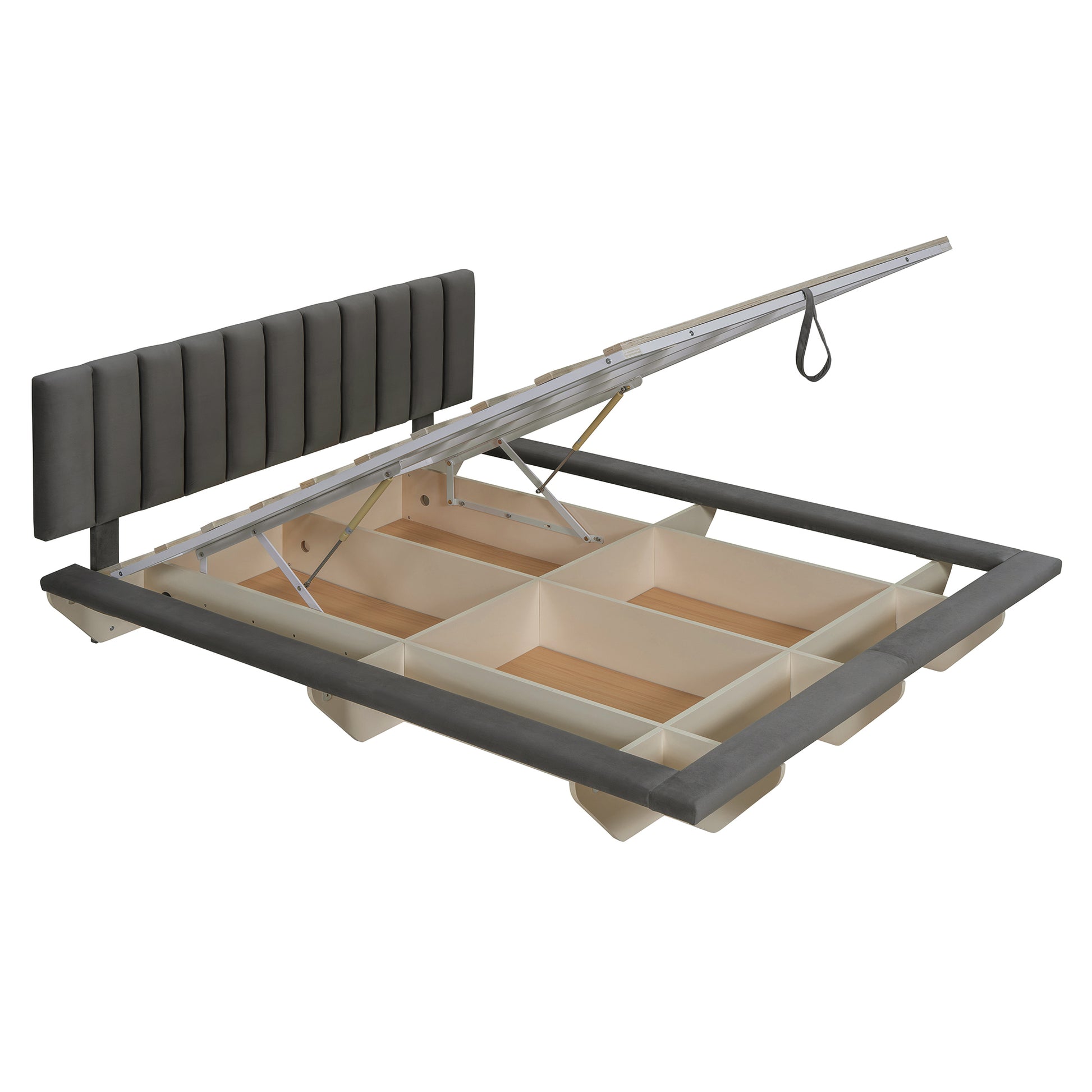 Queen Size Upholstered Floating Bed With Led Light And Usb Port, Velvet, Gray, Hydrualic Platform Bed Queen Gray Velvet