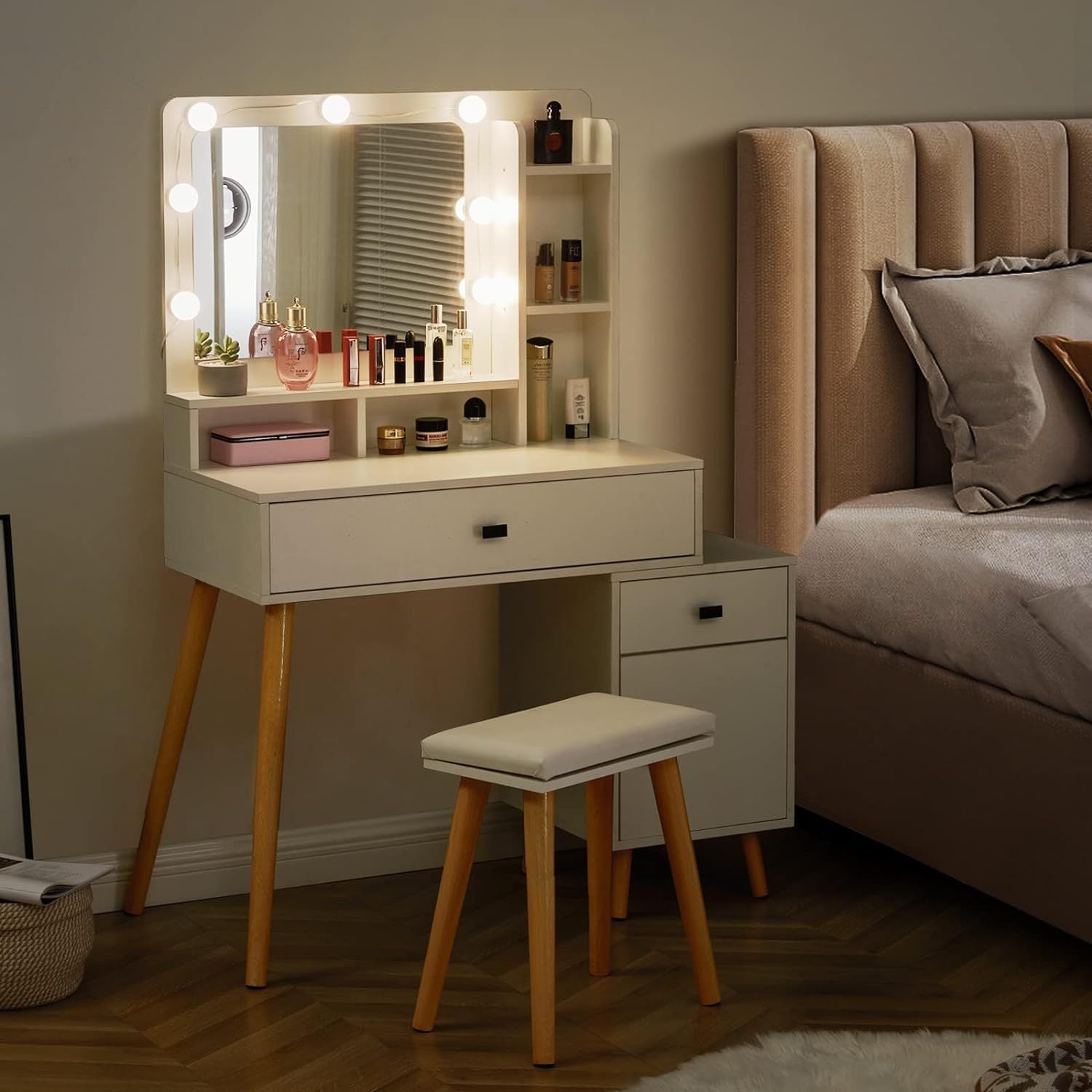 Dressing Table With Hollywood Led Mirror, Light Adjustable Brightness, Dressing Table, Padded Stool Set, White, Wooden Cosmetic Table With Drawer And Storage Cabinet White Drawer 2 Drawers Bedroom Modern 2 Or Less Mirror Included White Particle Board Mdf