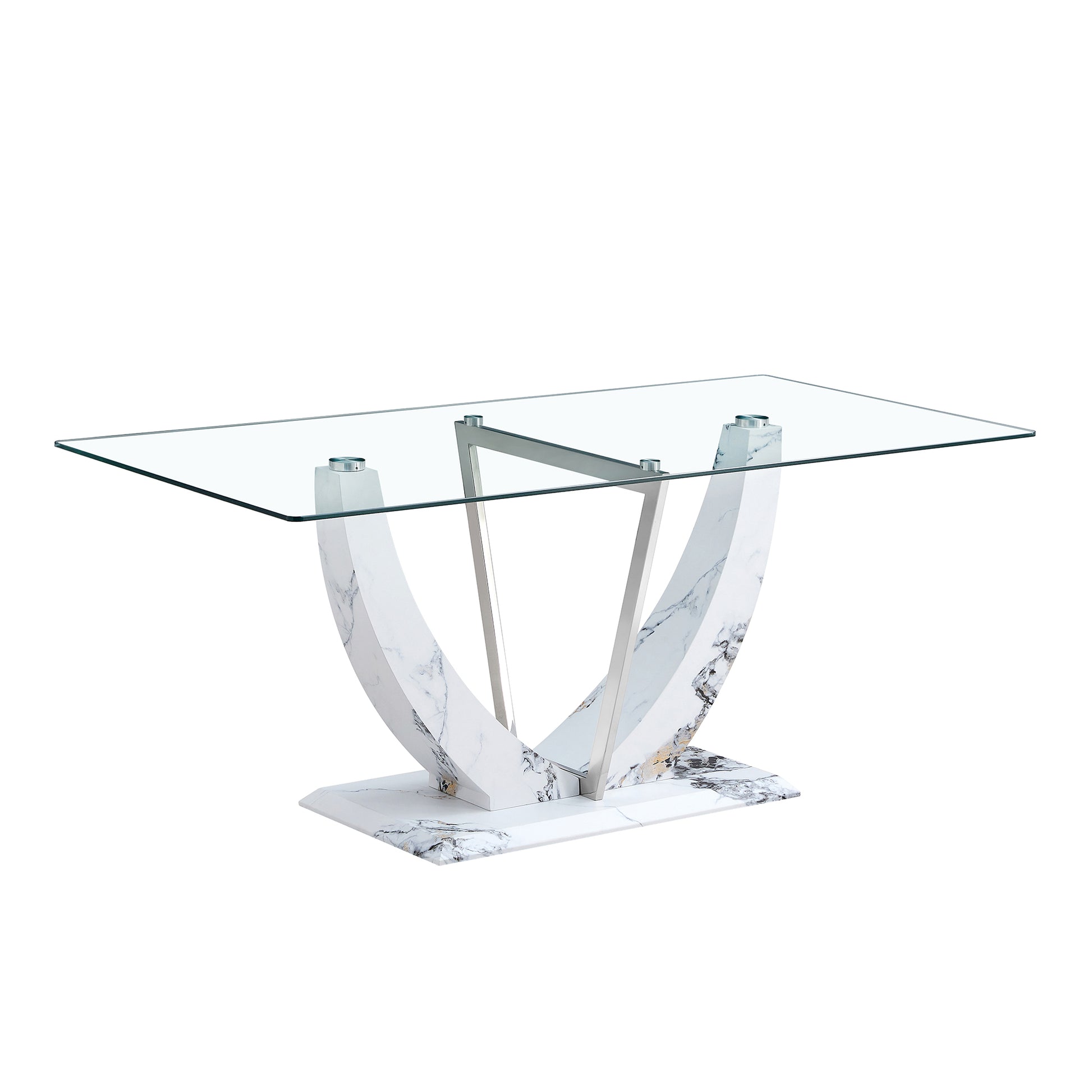 Table And Chair Set, Large Modern Rectangular Glass Table, Can Accommodate 6 8 People, Equipped With A 0.39 Inch Tempered Glass Tabletop And Mdf Table Legs.Paired With Comfortable And Soft Chairs. White Mdf Glass
