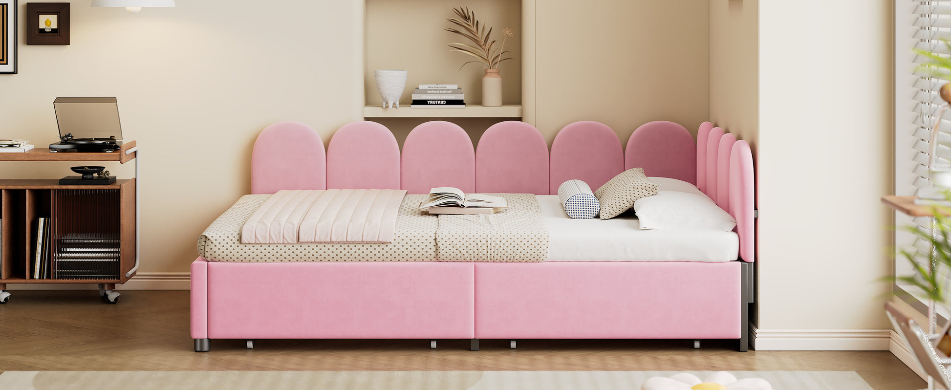 Full Size Upholstered Daybed With 2 Drawers,Velvet Sofabed With Soft Fabric Headboard, No Box Spring Needed, Pink Full Pink Wood Fabric