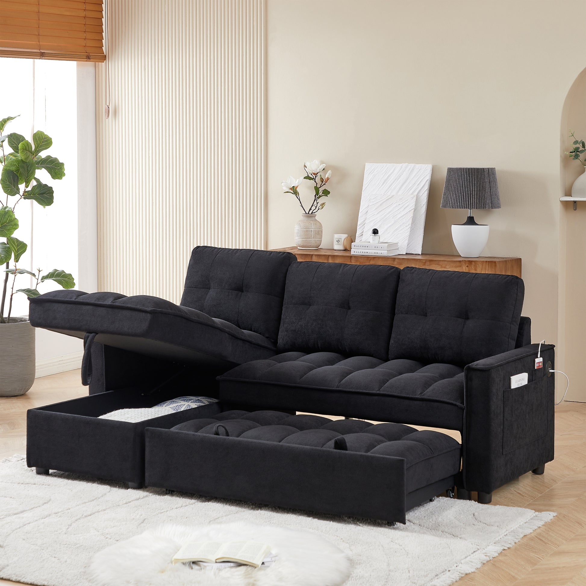 Mh 78.75" Reclining Sofa, Pull Out Sofa Bed With Usb And Tape C Charging Ports, L Shaped Sectional Sofa With Reclining Storage And Arm Side Organizer Pocket Features, Living Room Comfort Sofa Black Chenille Wood Primary Living Space Eucalyptus Foam