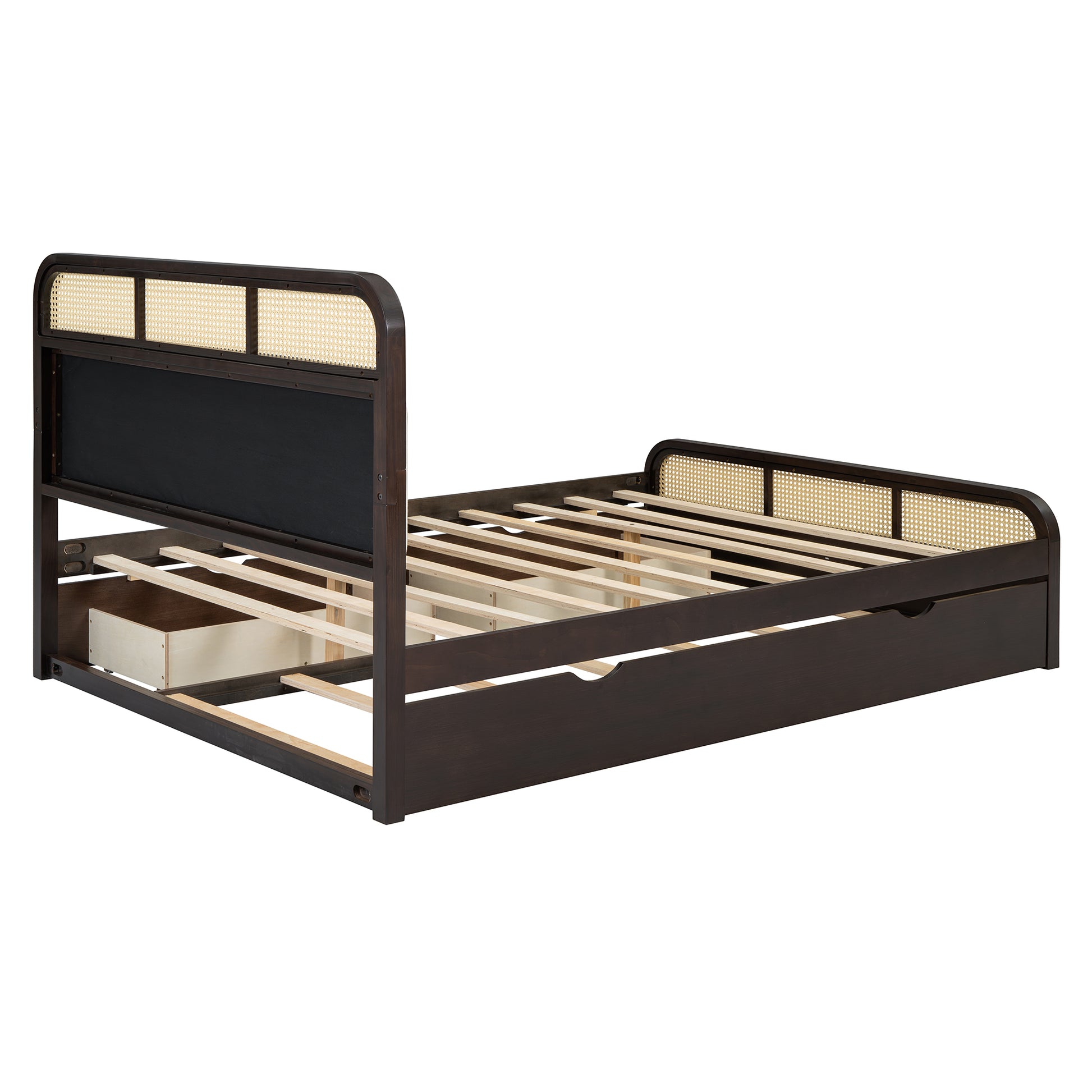 Queen Size Wooden Platform Bed With Trundle And 2 Drawers,Espresso Queen Espresso Solid Wood Mdf