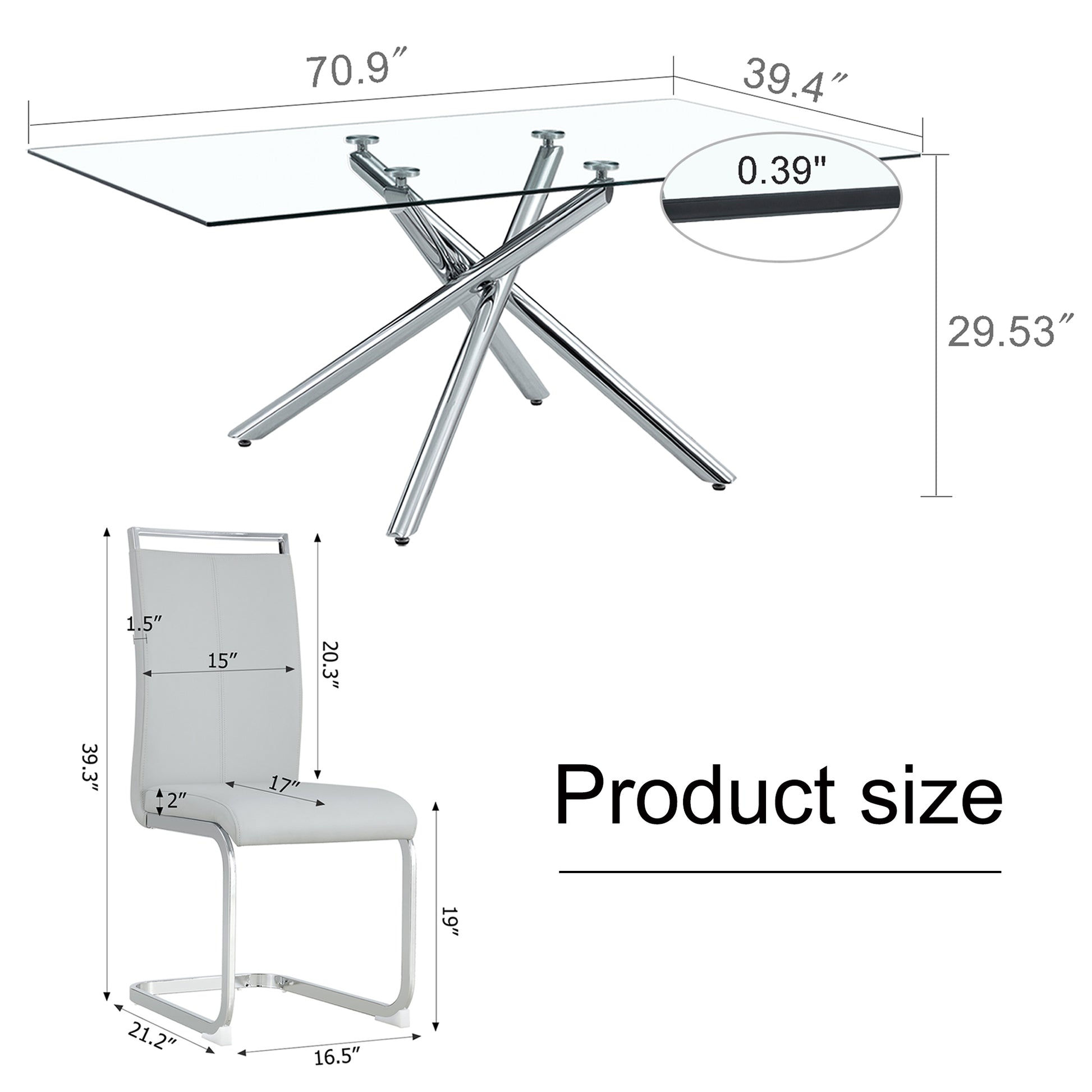 Table And Chair Set.Modern Luxurious Transparent Tempered Glass Dining Table Set.Paried With 8 Light Gray Chairs With Pu Cushion And Silver C Tube Metal Legs. Light Gray,Transparent Seats 8 Glass