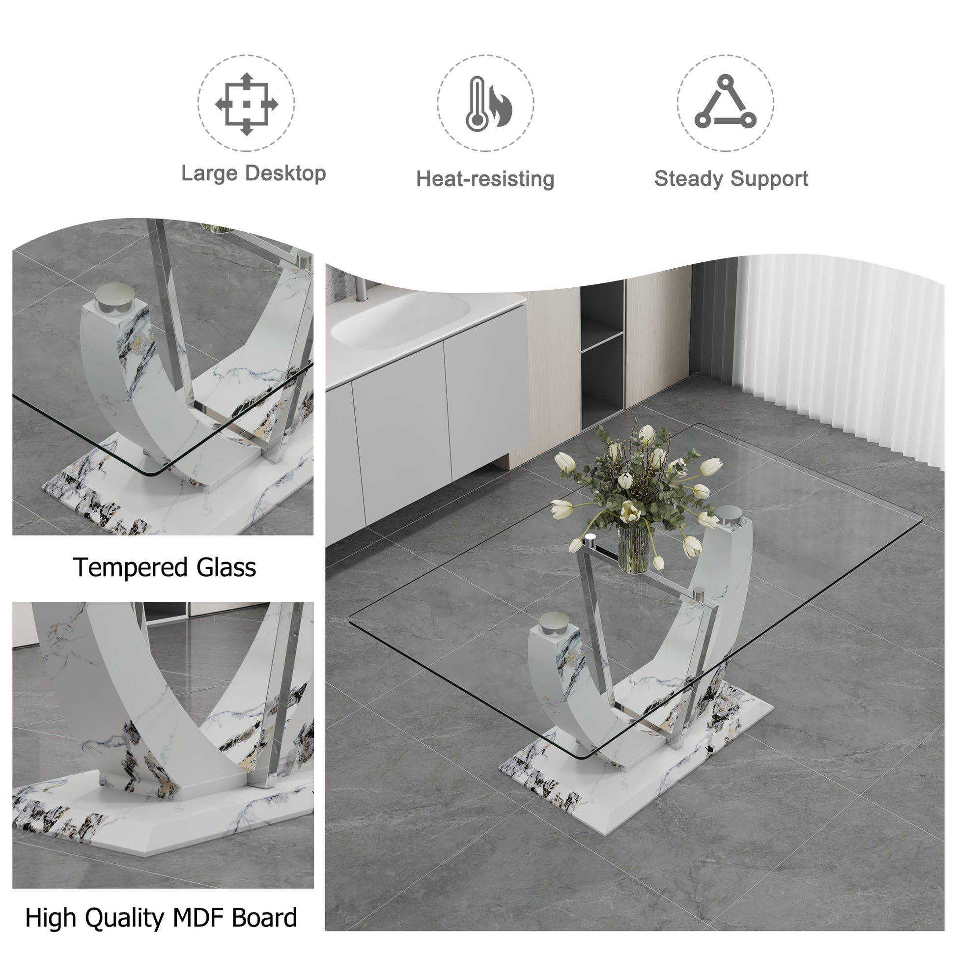 A Modern And Simple Rectangular Glass Table, Equipped With A 0.39 Inch Tempered Glass Table And Medium Density Board Legs, And Stainless Steel Support Shelves. Used In The Kitchen, Dining Room F 907 White Glass