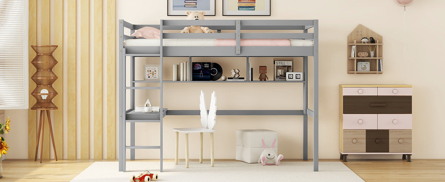 Twin Loft Bed With Built In Desk And Bookcase Of Three Compartments, Guardrails And Ladder,Grey Twin Grey Pine