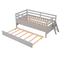 Low Loft Bed Twin Size With Full Safety Fence, Climbing Ladder, Storage Drawers And Trundle Gray Solid Wood Bed Gray Solid Wood