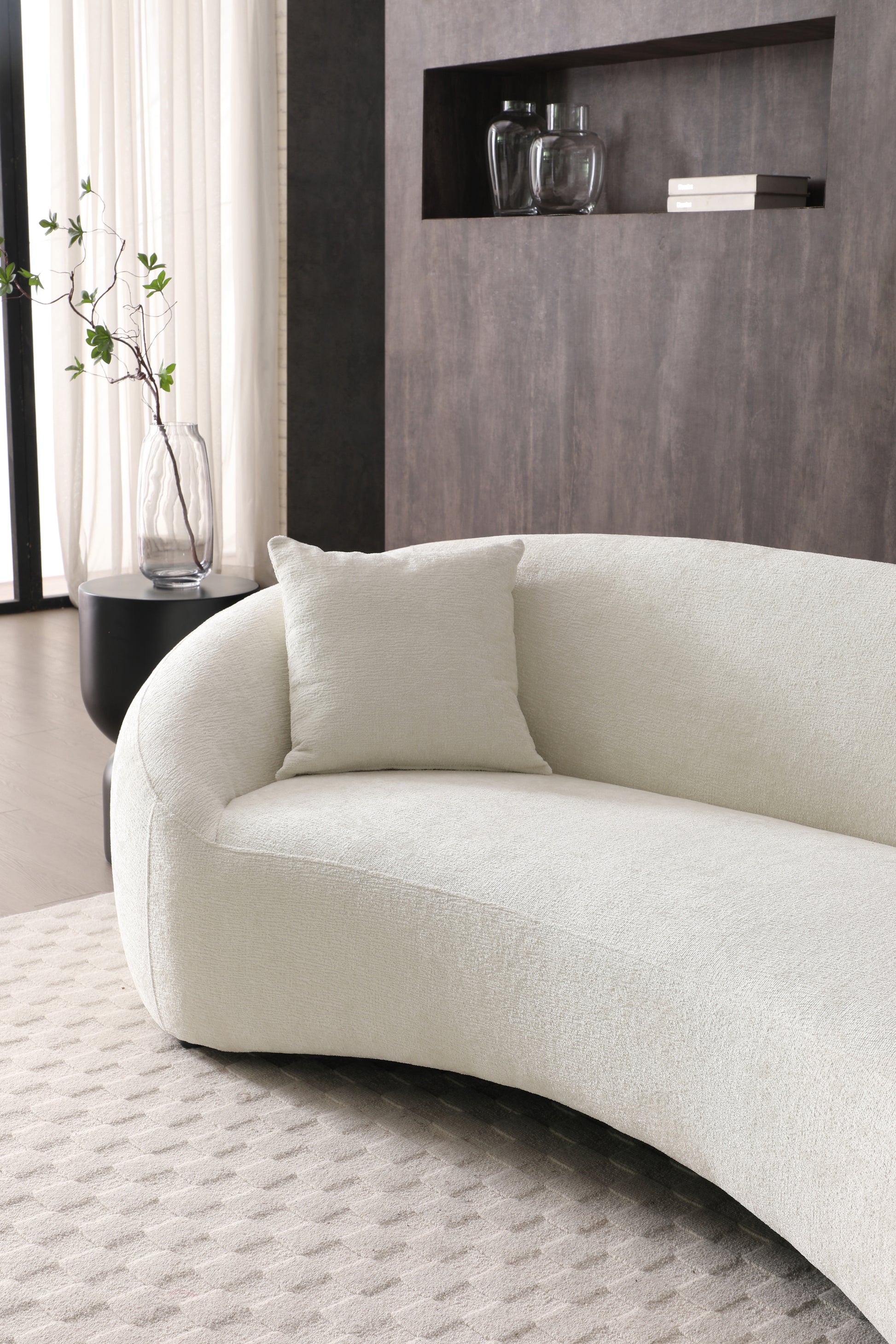 Minimalist Curved Sofa, 3 Seater, Chenille Velvet Fabric Upholstered Sofa, Tight Curved Back Velvet Cloud Couch For Living Room Apartment Office, White White Chenille Wood Primary Living Space Medium Soft Tight Back Modern Eucalyptus Recessed Arms Foam