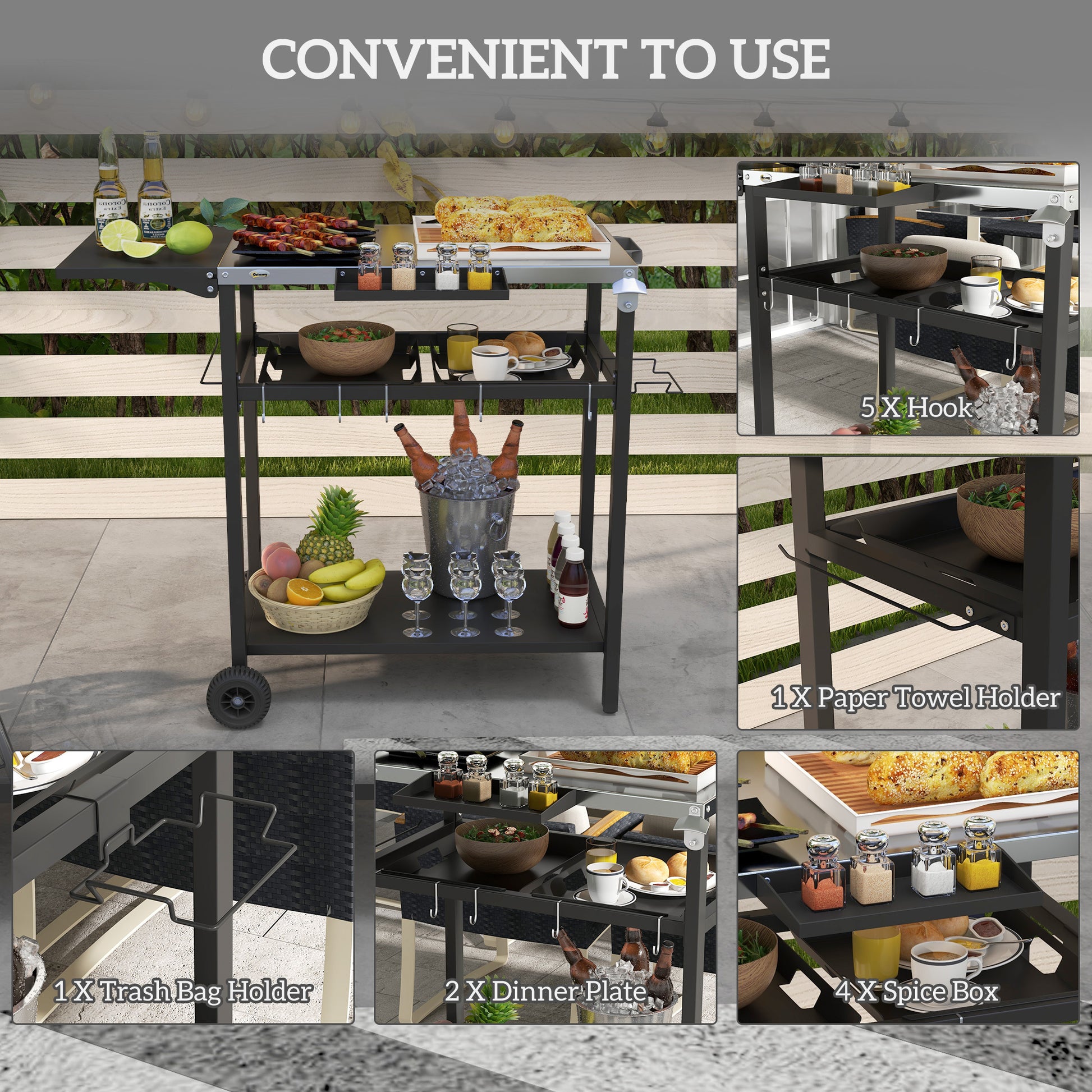 Outsunny Outdoor Bar Cart With Stainless Steel Tabletop, Kitchen Island With Wheels, 2 Tiers & Seasoning Shelf, Patio Serving Cart With Hooks, Towel & Garbage Bag Holder, Plates & Spice Jars, Black Black Steel