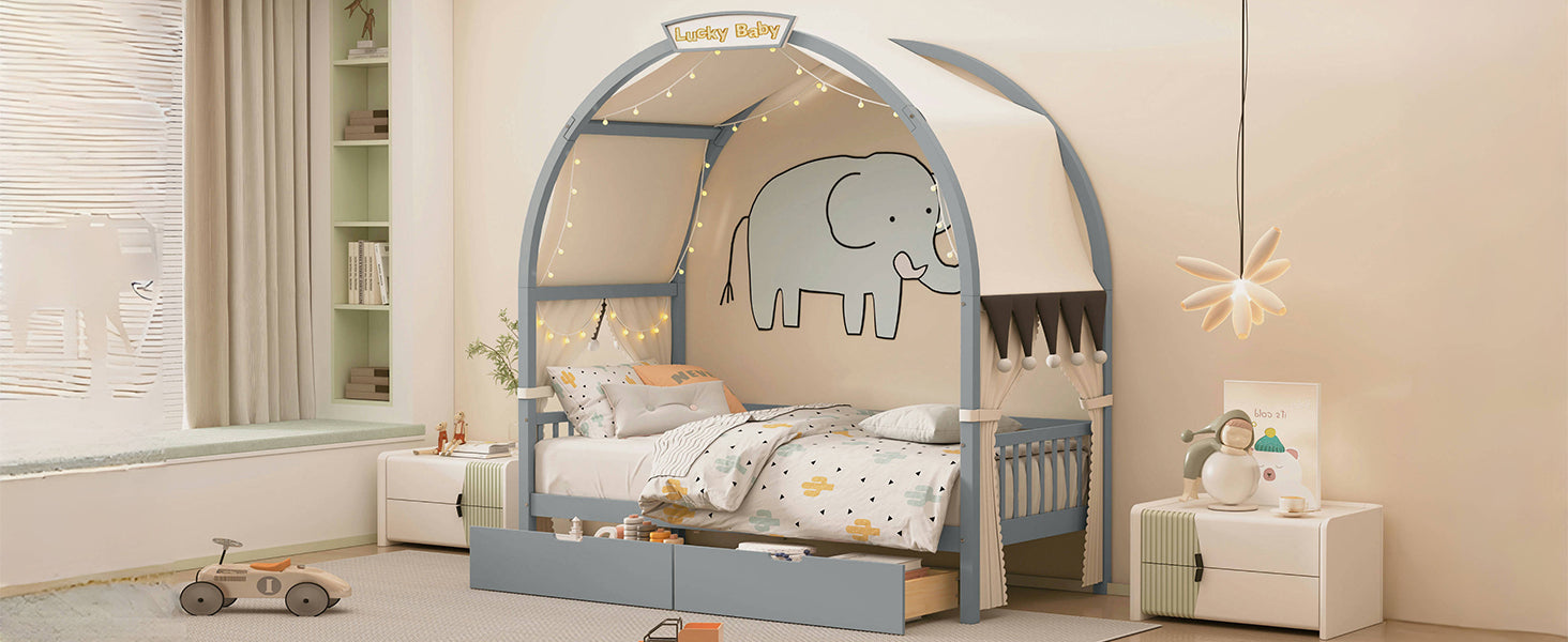 Twin Size Bed With Arched Roof And 2 Drawers, Gray Twin Gray Plywood